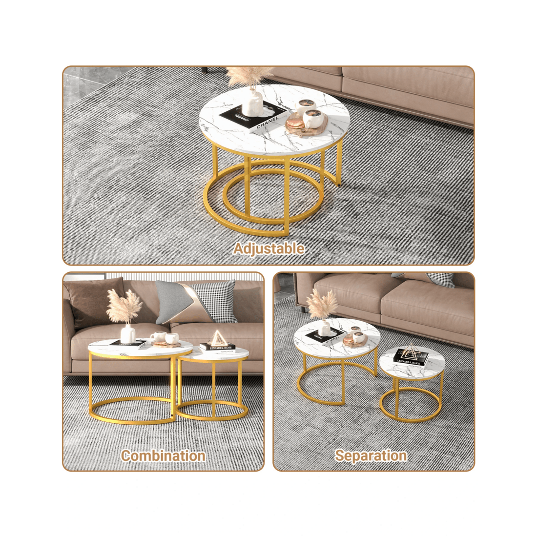 5 Advwin Nesting Coffee Table Marble Finish 65 & 45cm Gold Frame Round White, 5 of 8