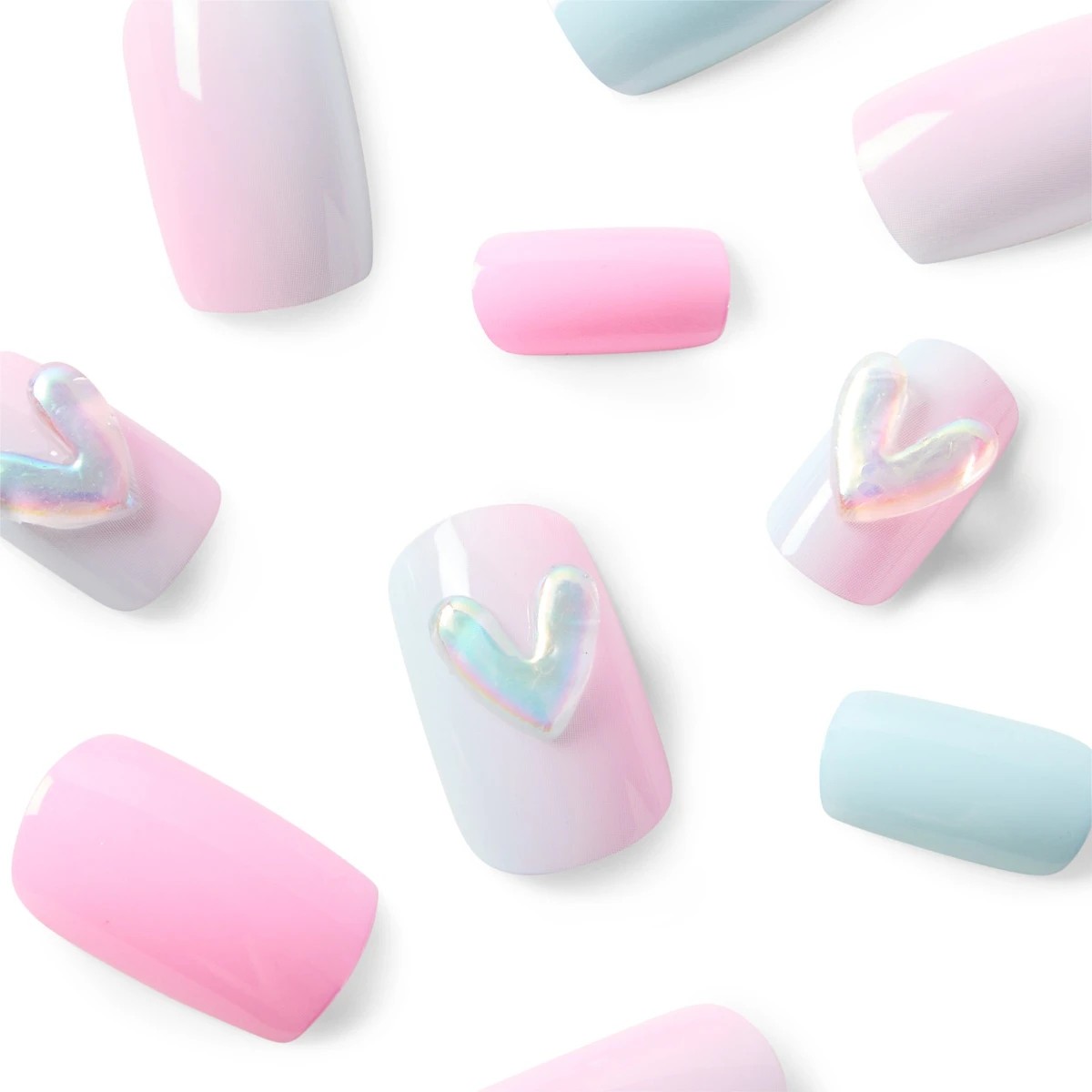 3 OXX Cosmetics 24 Pack Artificial Nails with Adhesive - Medium Square Shape, Pink and Blue Holographic 3D Hearts, 3 of 5