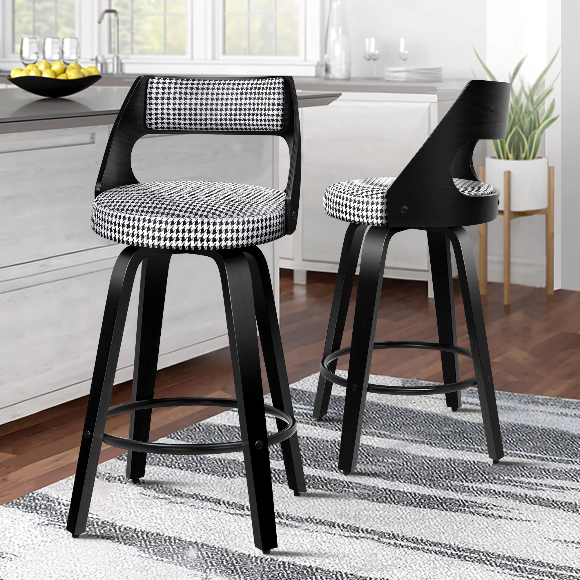 3 Alfordson 2x Swivel Bar Stools 65cm Houndstooth Kitchen Dining Chair - Black, 3 of 9