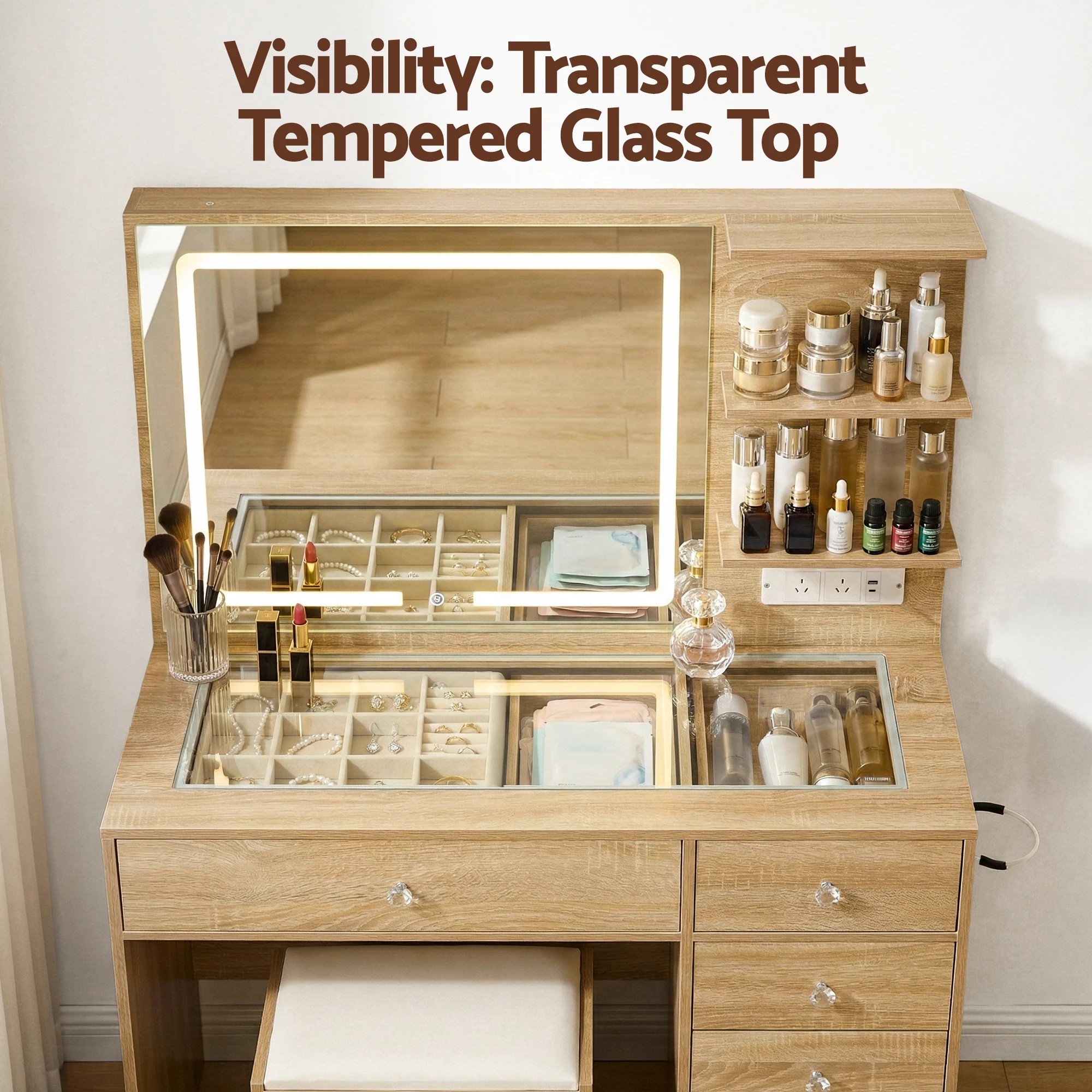 7 Artiss Dressing Table LED Vanity Desk Set Stool  Wood - Natural, 7 of 9