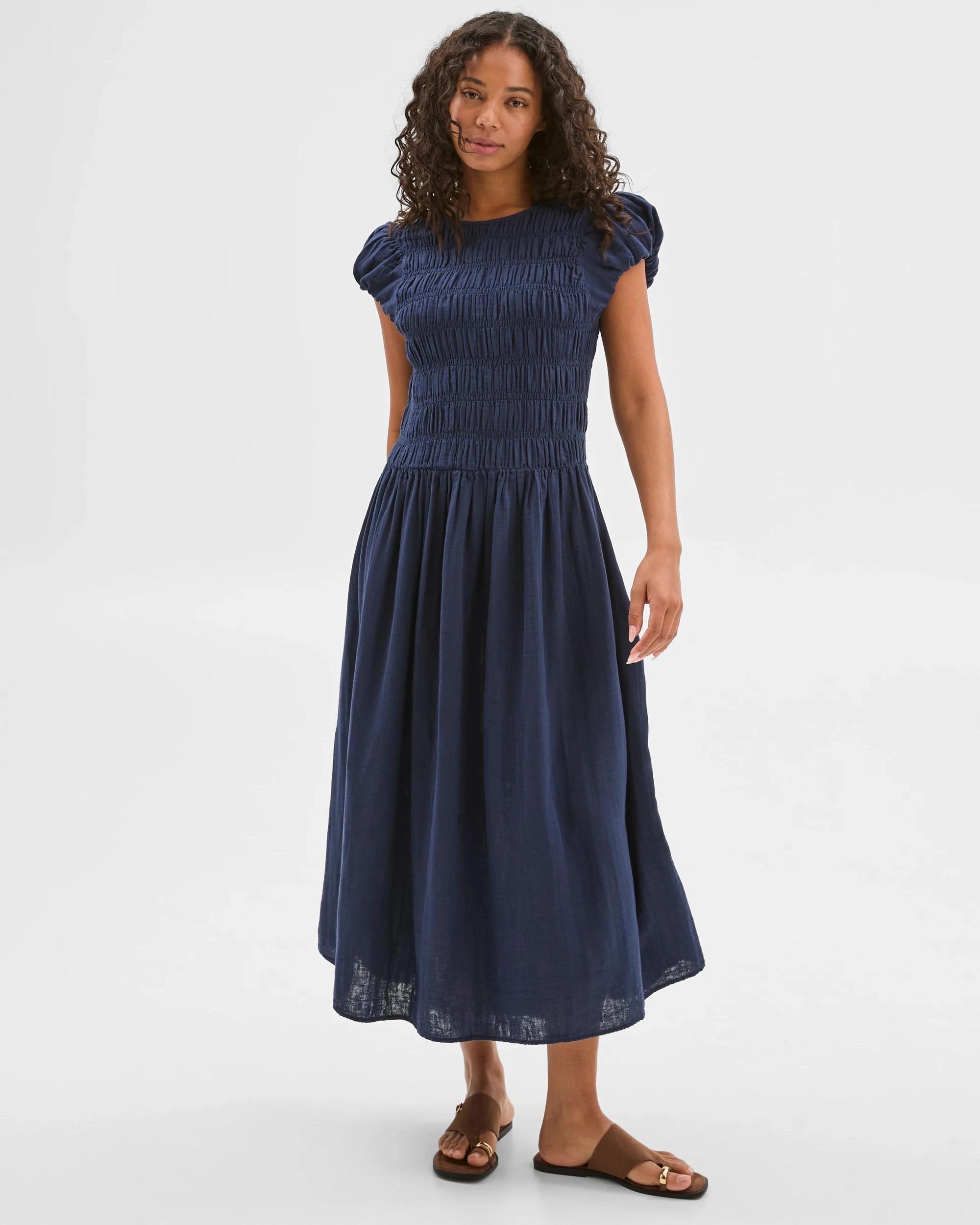 1 Target Woman Australian Cotton Double Cloth Shirred Dress NAVY BLUE, 1 of 7