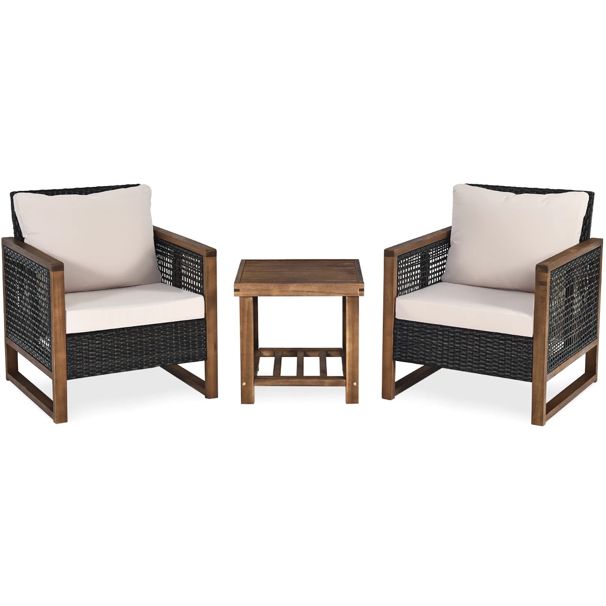 1 Costway 3PCS Wicker Patio Bistro Set w/PE Rattan Chairs & Acacia Wood Coffee Table, 1 of 1