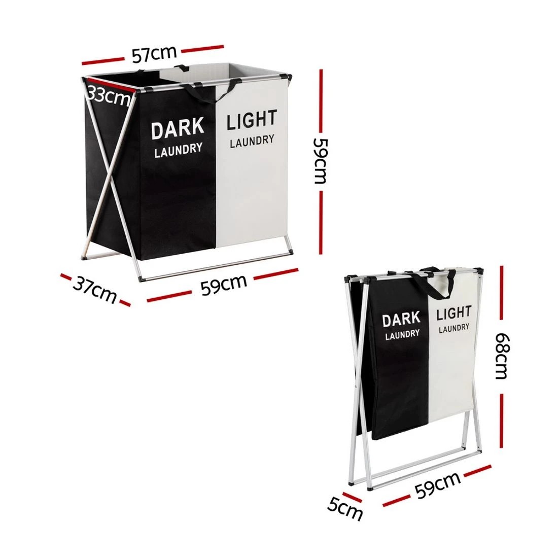 2 Artiss Laundry Basket Hamper Large Foldable Washing Clothes Storage 2 Sections - Black, 2 of 5