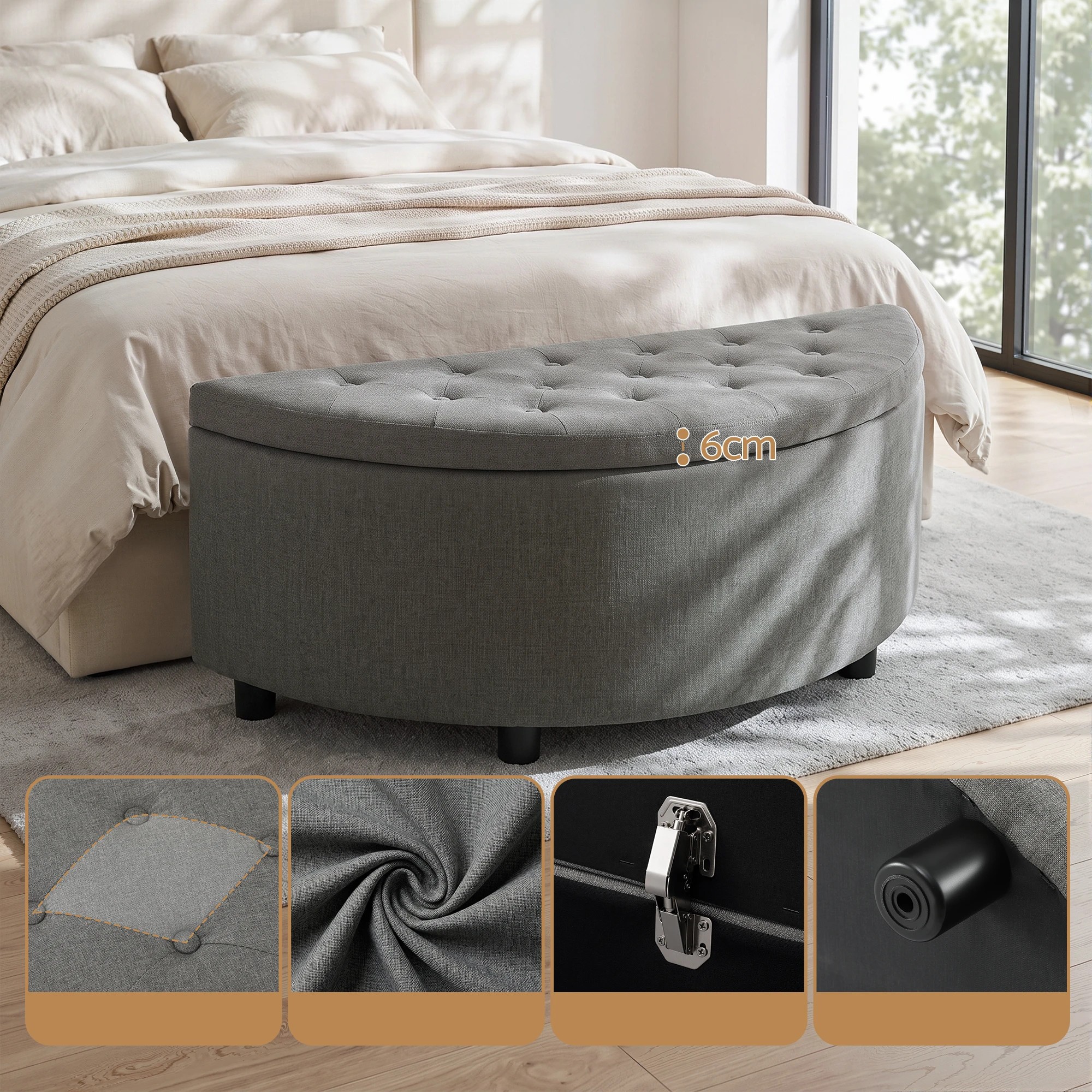 4 Artiss Storage Ottoman Bench Fabric Tufted Half Round Footstool - Grey, 4 of 6