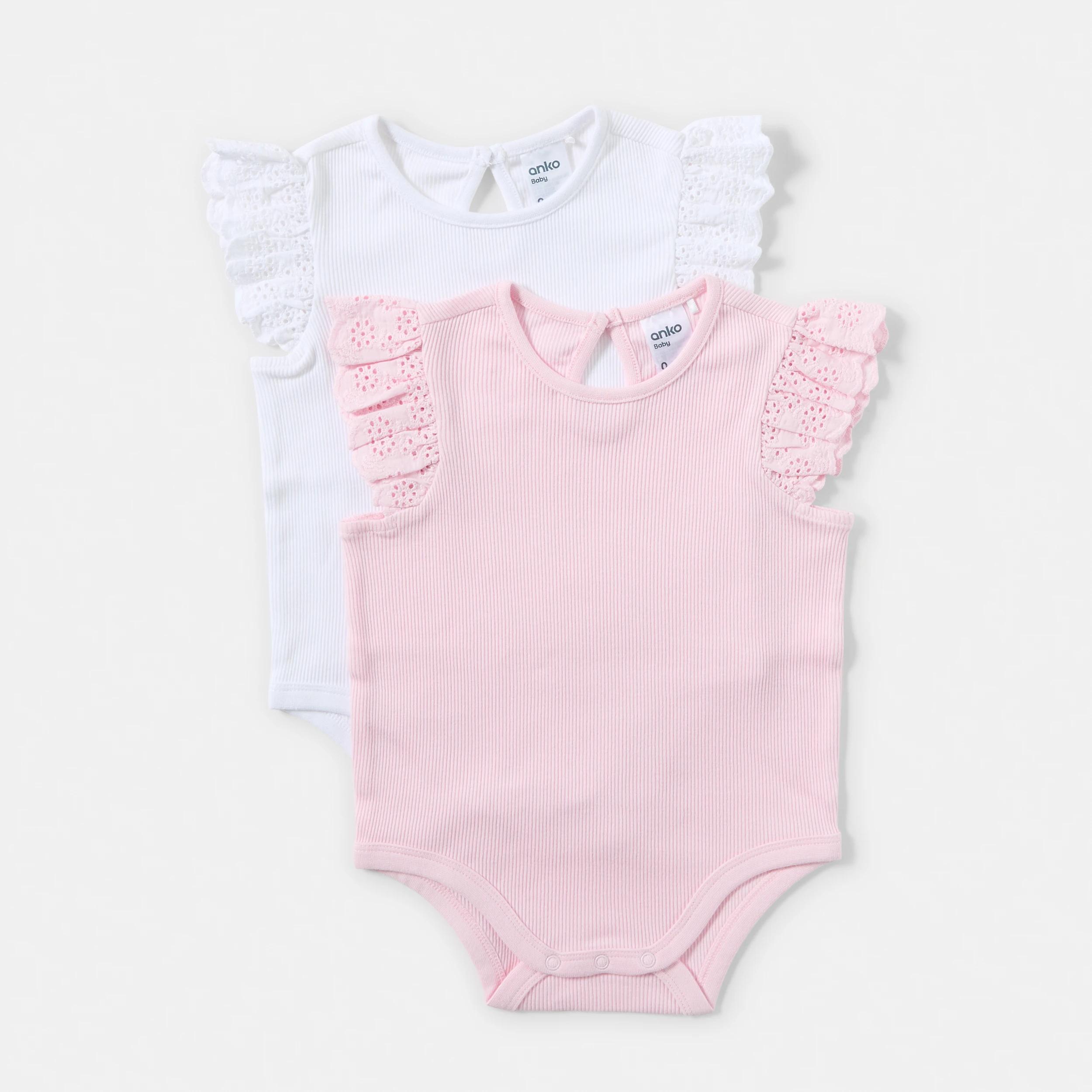 1 2 Pack Sleeveless Broderie Bodysuits PINK MULTI, 1 of 6