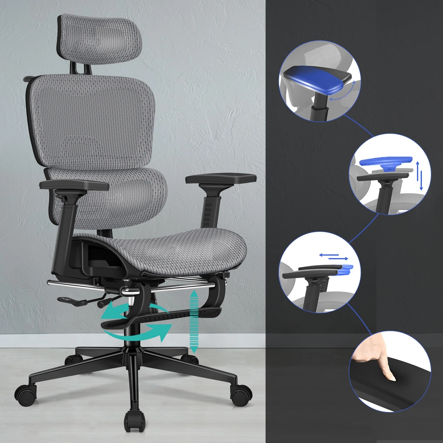 6 Alfordson Ergonomic Office Chair Mesh Executive Racing Computer Seat - Black Grey, 6 of 10