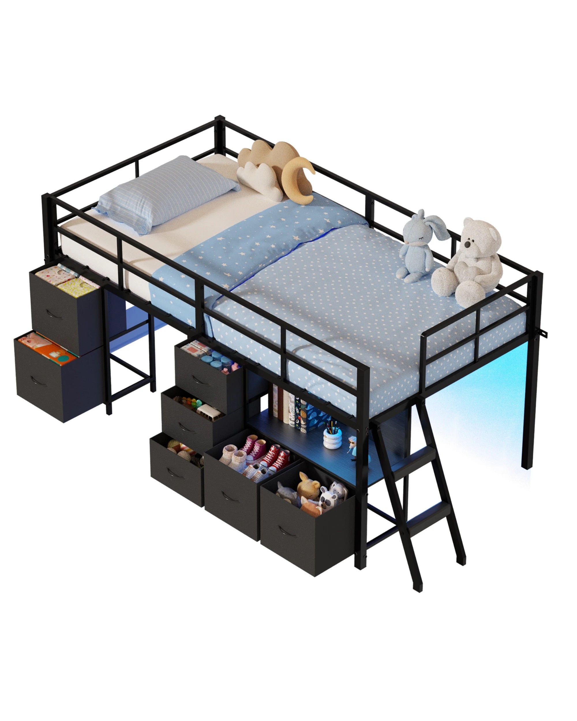 4 Advwin King Single Low Loft Bed with 7 Drawers Bookcase LED Light for Kids - Black, 4 of 6