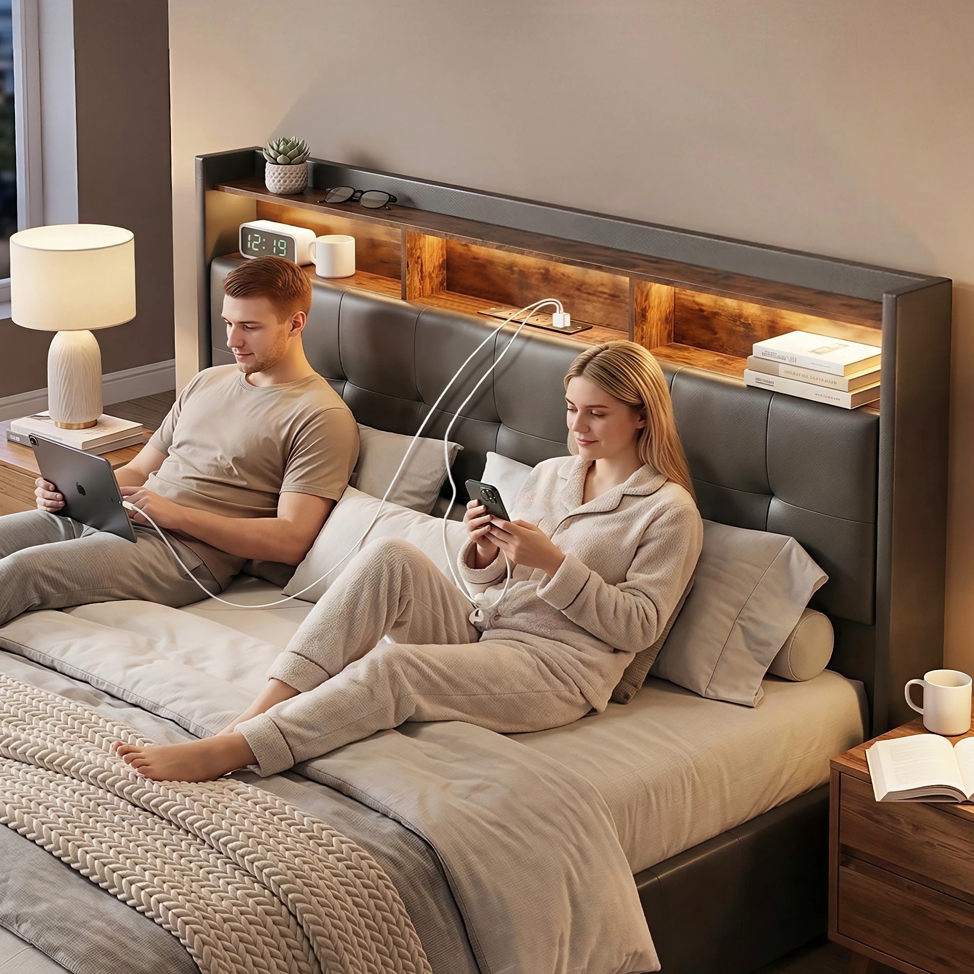 4 Artiss Queen Bed Frame Gas Lift Storage LED Lights Charging Station with Open Shelf - Black, 4 of 10