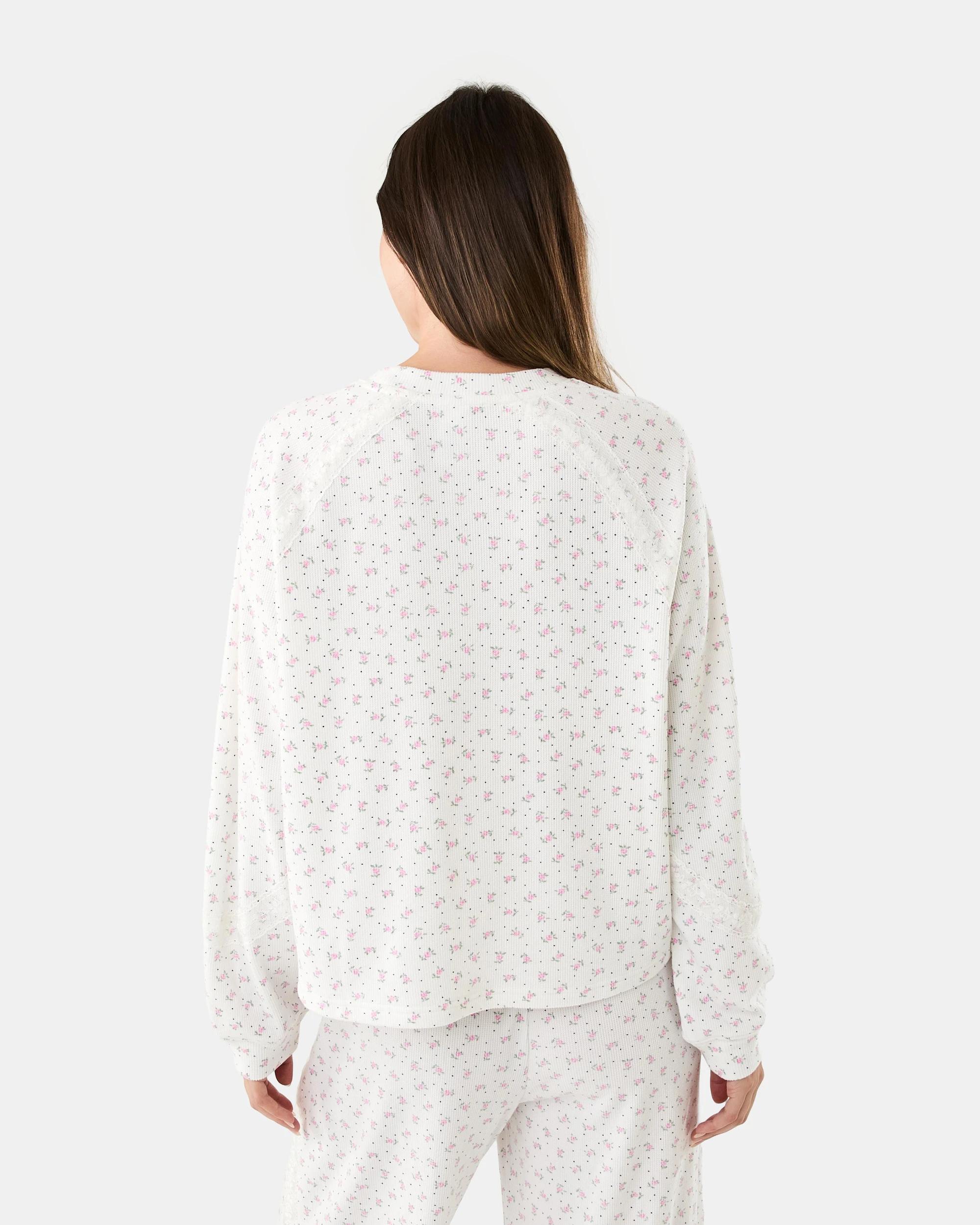 3 Long Sleeve Waffle Lace Lounge Top Rose Spot, 3 of 9