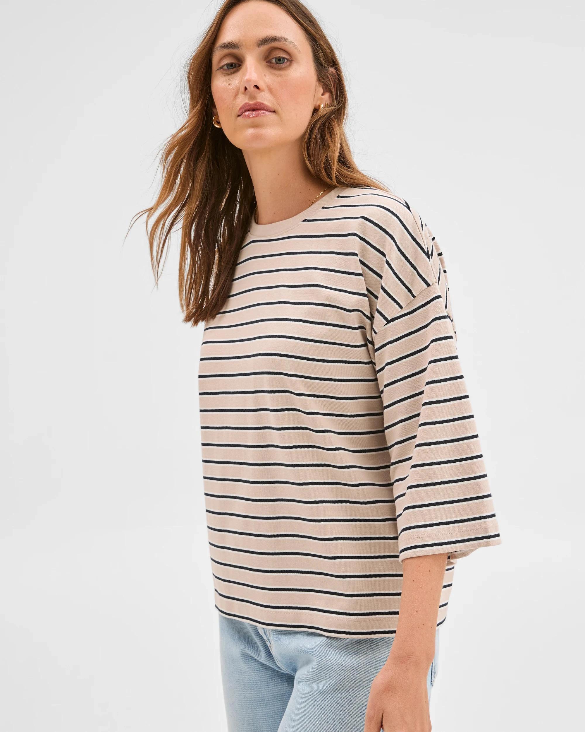 3 Target Woman Australian Cotton 3/4 Length Wide Sleeve Boxy T-Shirt BLACK/BIRCH/CLOUD DANCER, 3 of 7