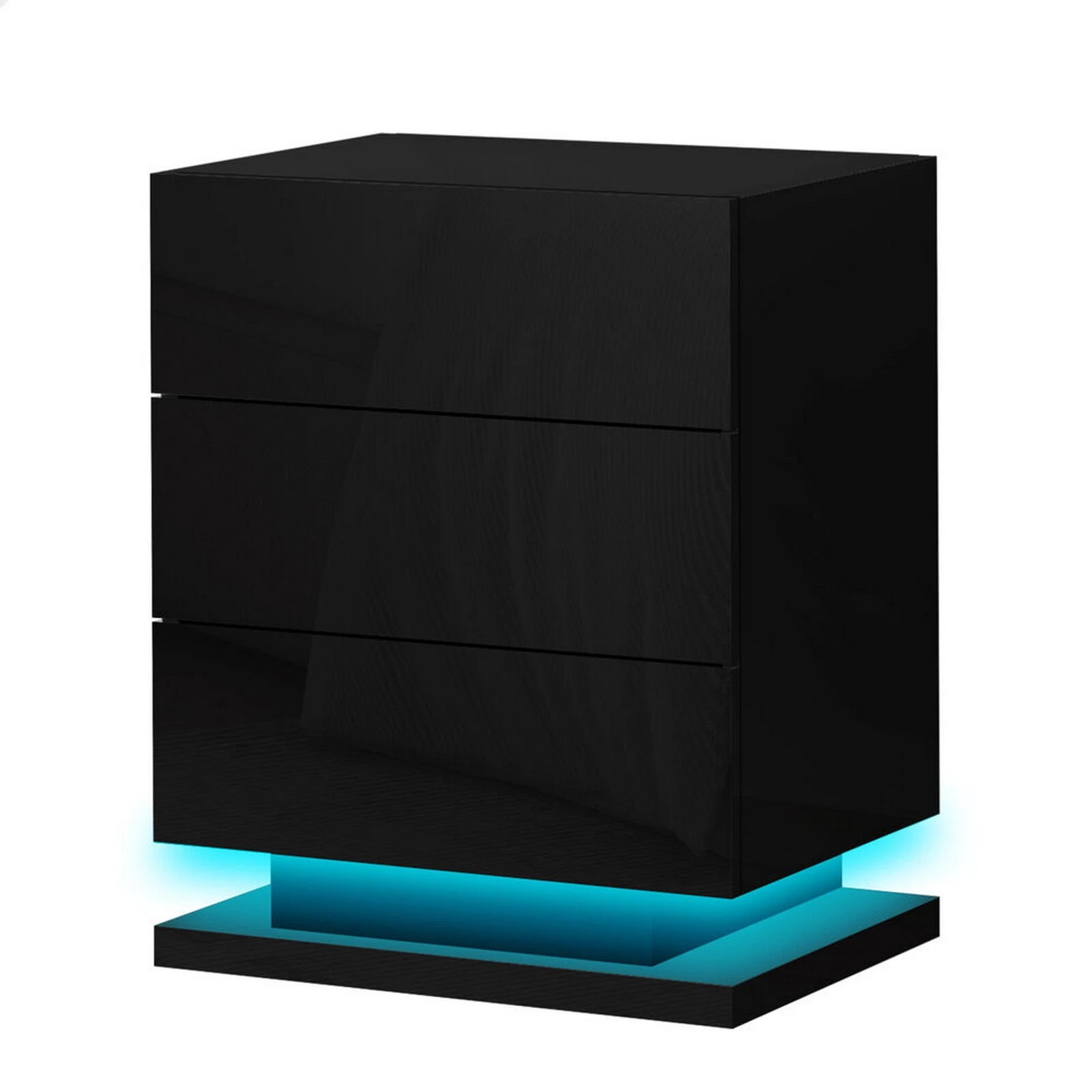 1 Alfordson Bedside Table RGB LED Nightstand 3 Drawers 4 Side High Gloss - Black, 1 of 10