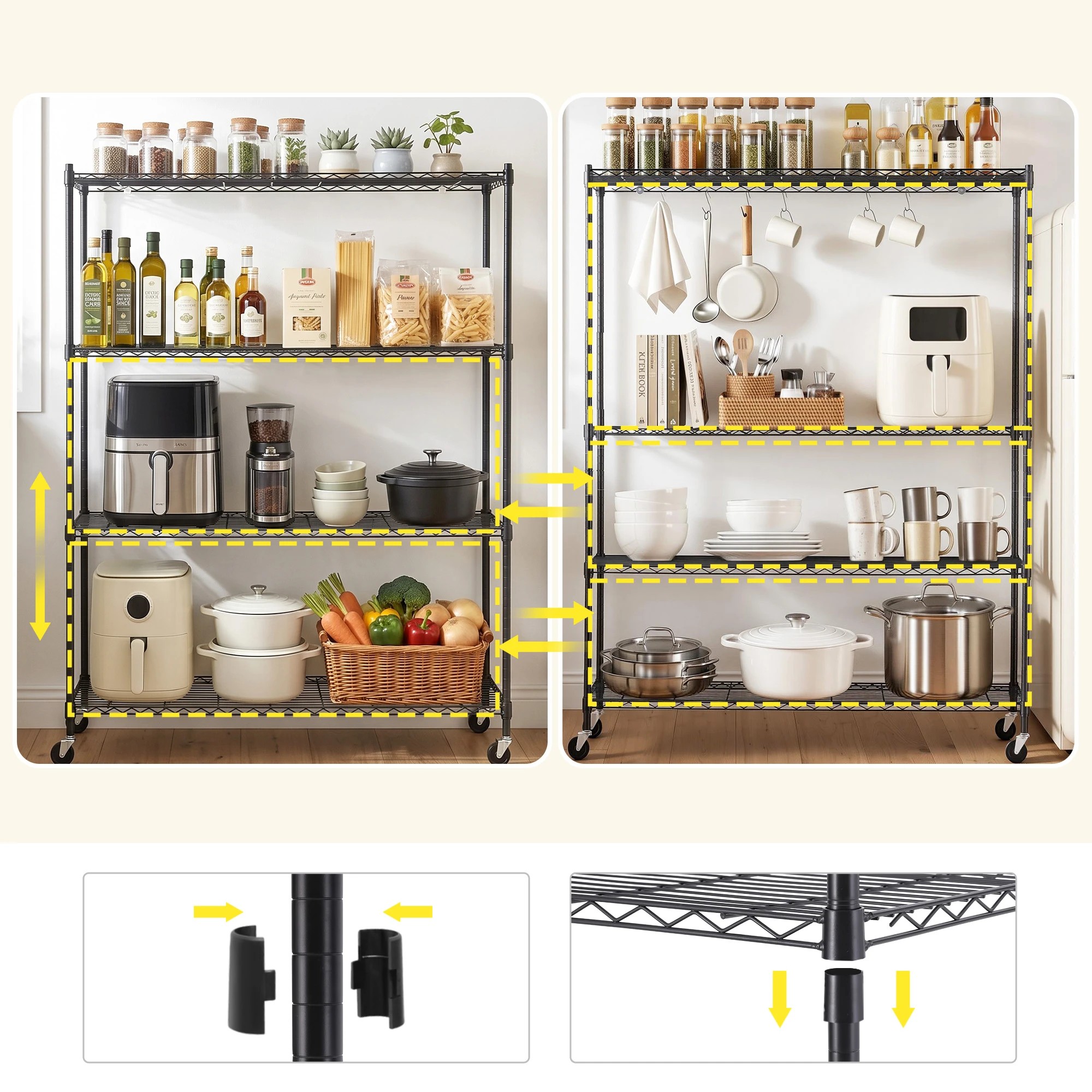 6 Artiss 4-Tier Kitchen Garage Rack Shelf with Wheels Shelving Unit 152x45x187CM Adjustable Metal Storage Shelves - Black, 6 of 9