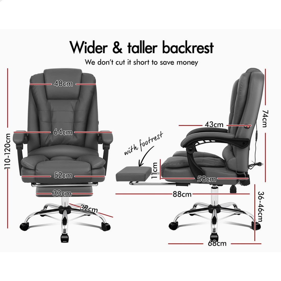 6 Alfordson Massage Office Chair Executive Seat Gaming Recliner Computer Racer - Grey, 6 of 10