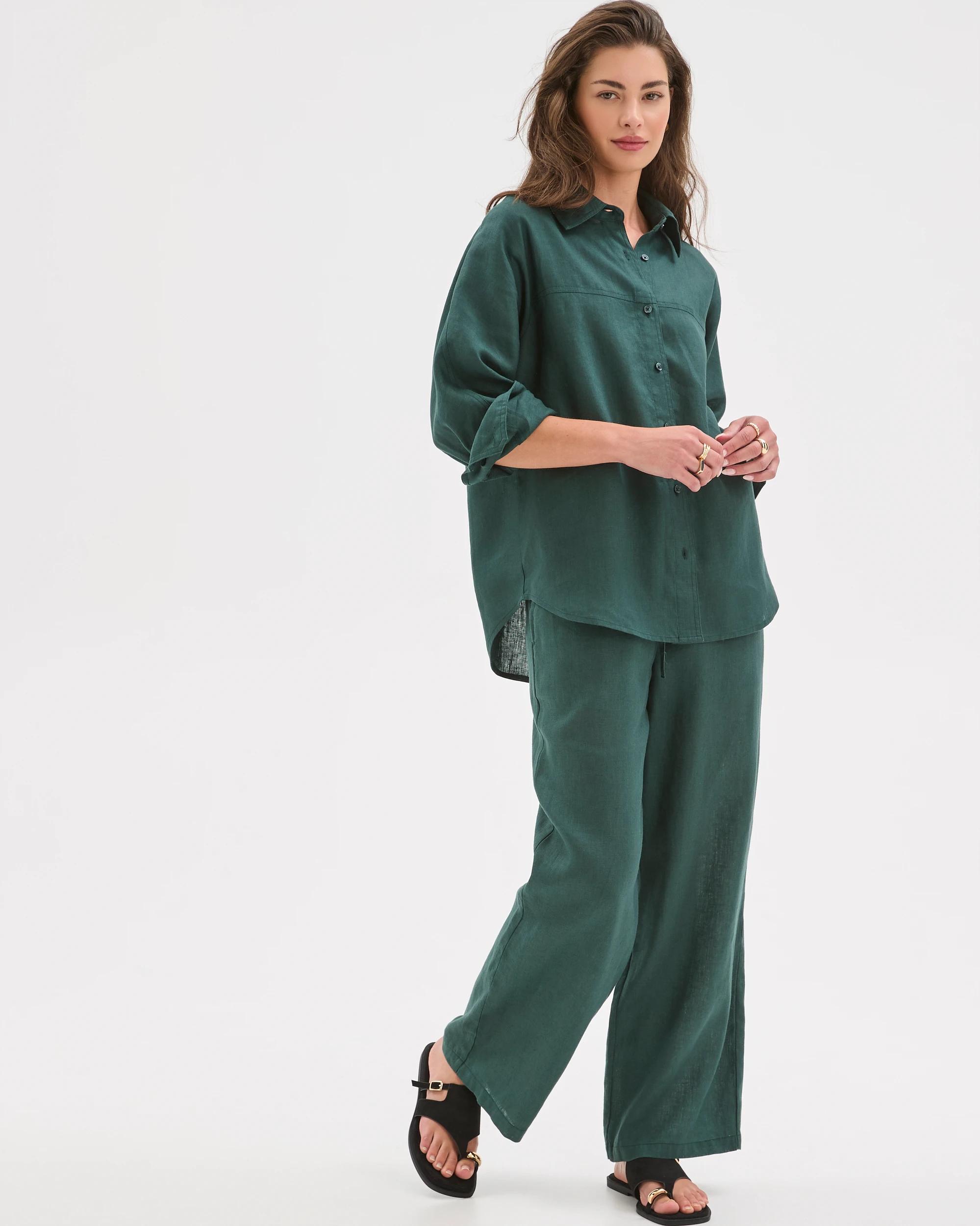 2 Target Petites Petites European Linen Seamed Shirt DEEP GREEN, 2 of 7