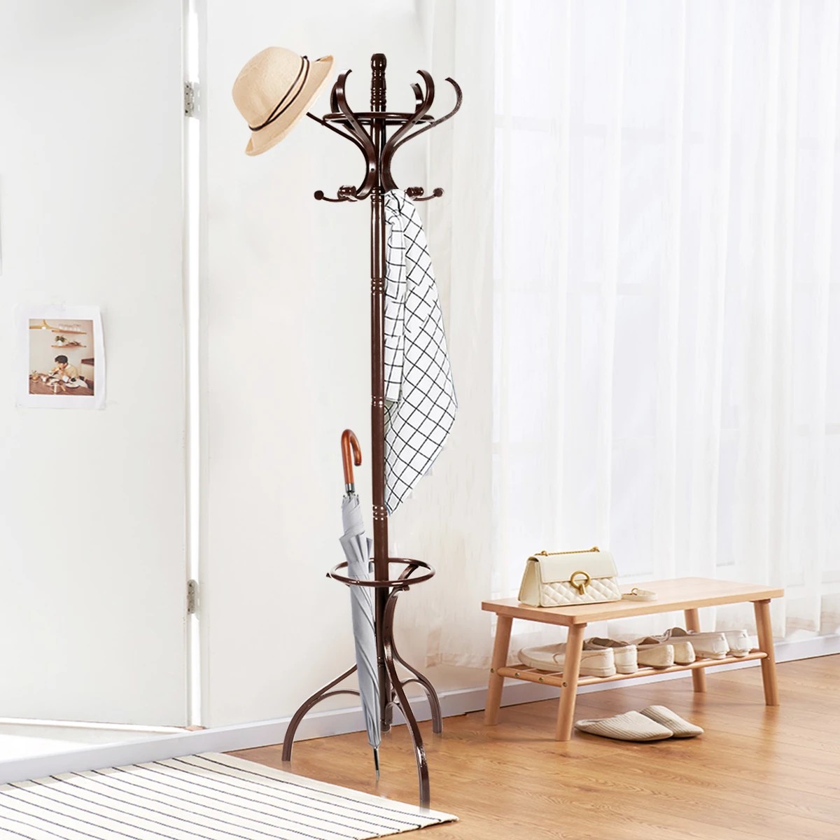 8 Costway Wood Coat Rack Hat Stand Clothes Hanger w/Umbrellar Holder & 12 Hooks 1.8M, 8 of 8
