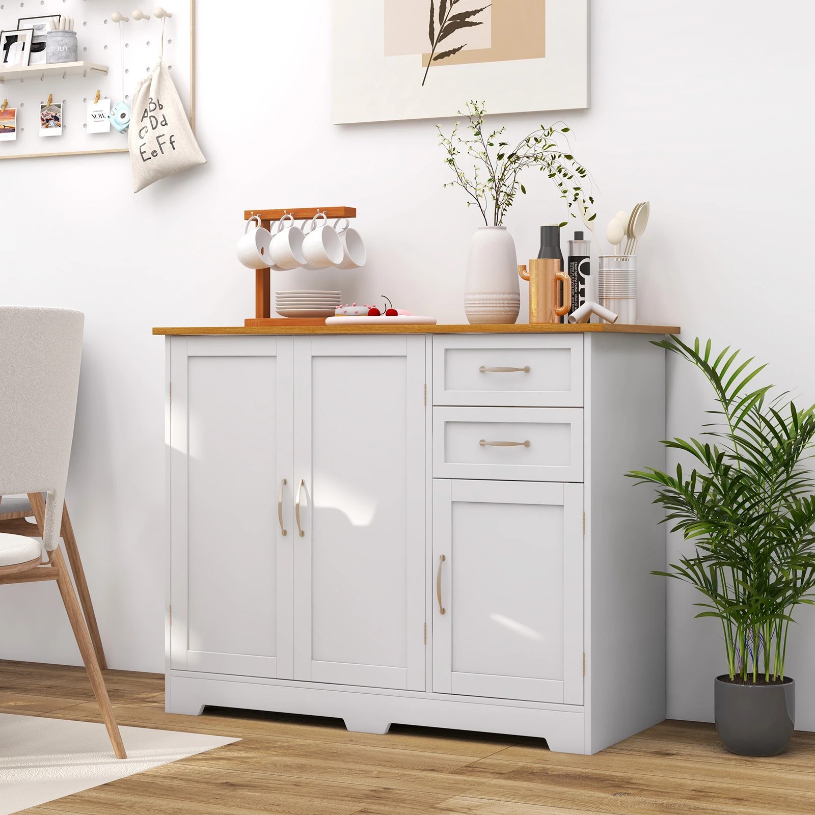 4 Costway Wood Buffet Sideboard Kitchen Cabinet Storage Cupboard Hallway - Natural, 4 of 4