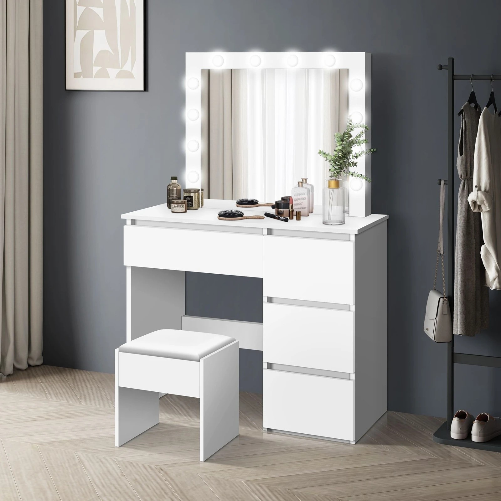 3 Alfordson Dressing Table Stool Set Makeup Mirror Desk LED 12 Bulbs - White, 3 of 10