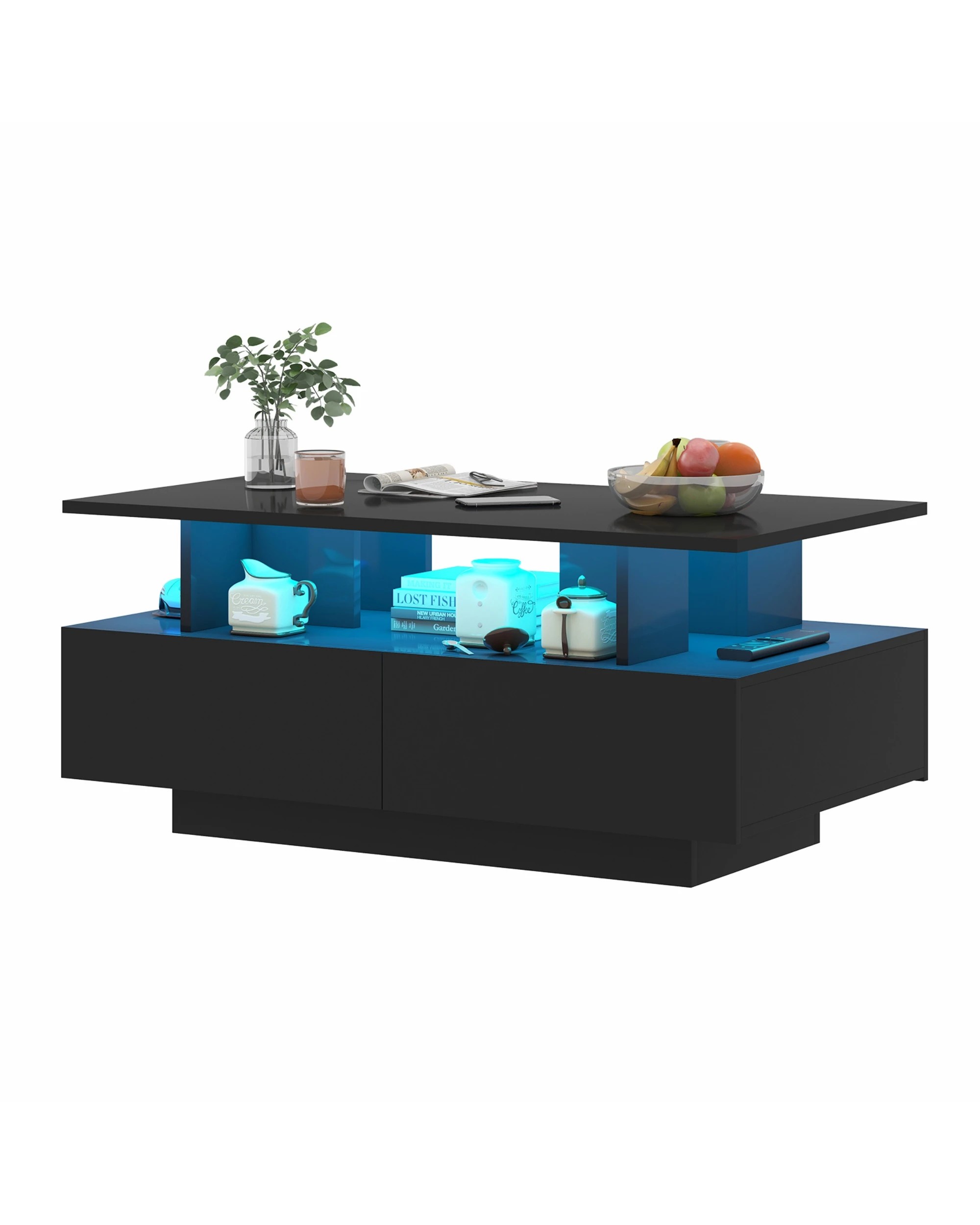 6 Advwin LED Coffee Table w/ 4 Storage Drawers High Gloss Central Table w/ Open Display Shelf, 6 of 9