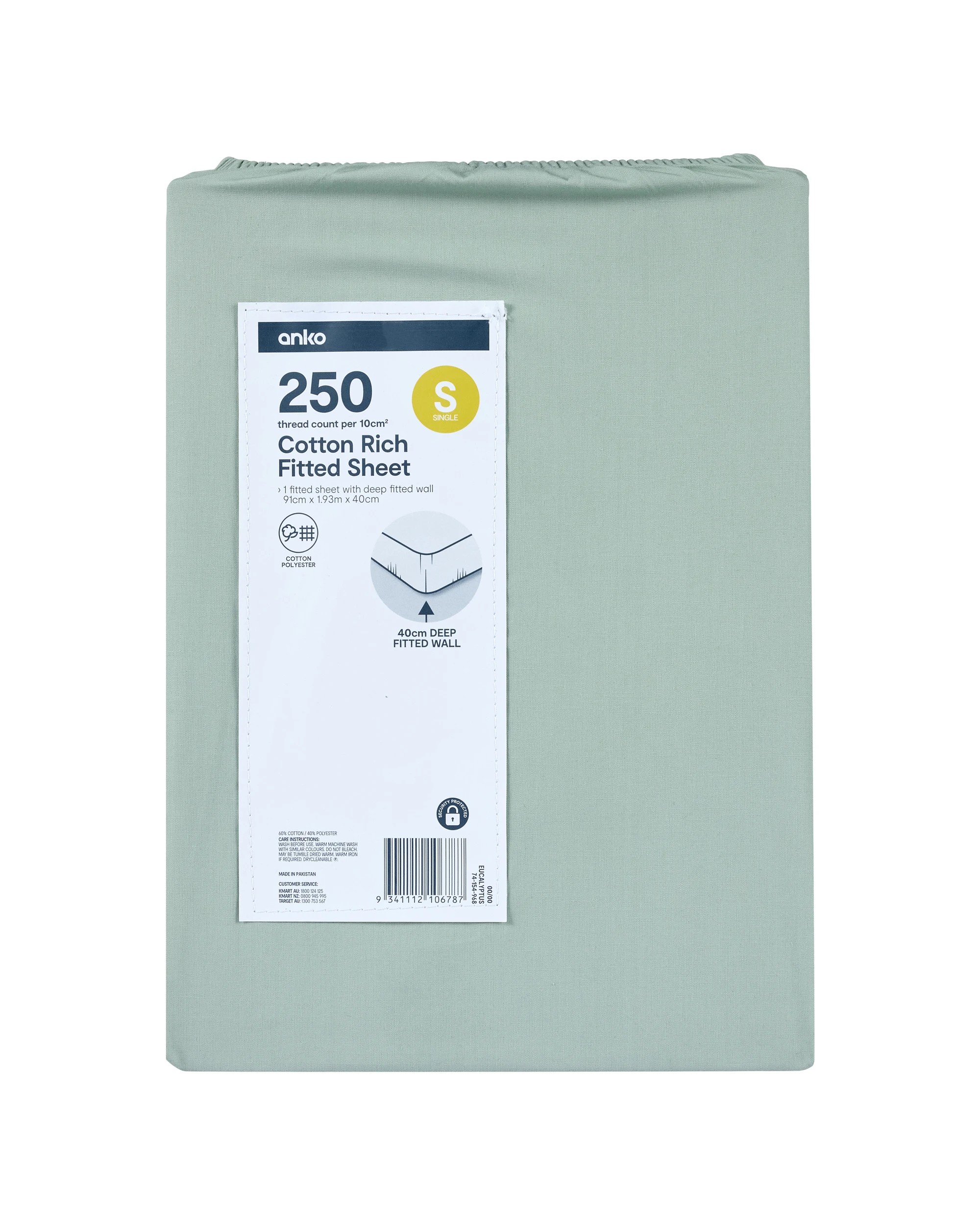 4 250 Thread Count Cotton Rich Fitted Sheet - Single Bed, Eucalyptus, 4 of 4