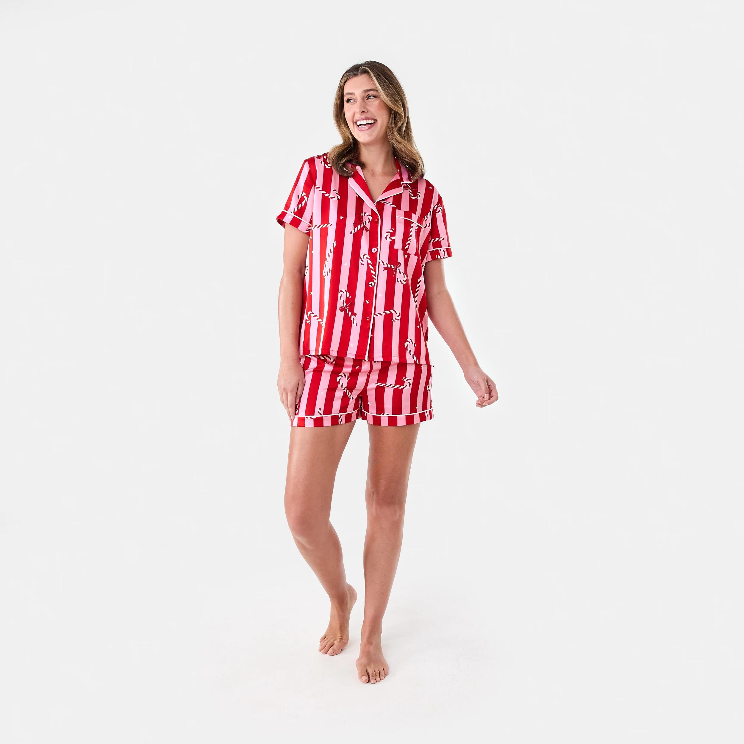 8 Short Sleeve Top and Shorts Christmas Satin Pyjama Set Red Stripe, 8 of 8