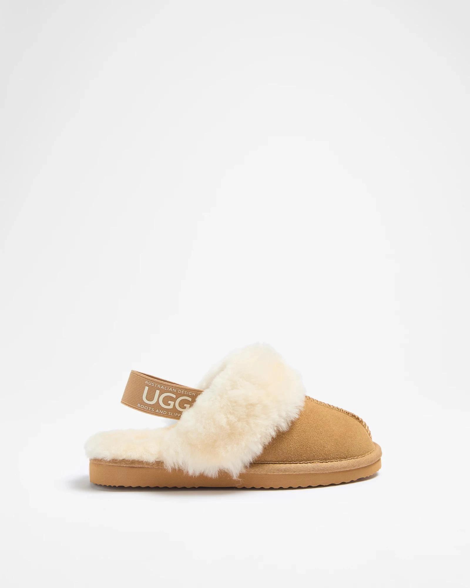 1 Australian Design Ugg Boots and Slippers Girls Youth Sheepskin and Leather Elastic Scuff Slipper CHESTNUT, 1 of 2