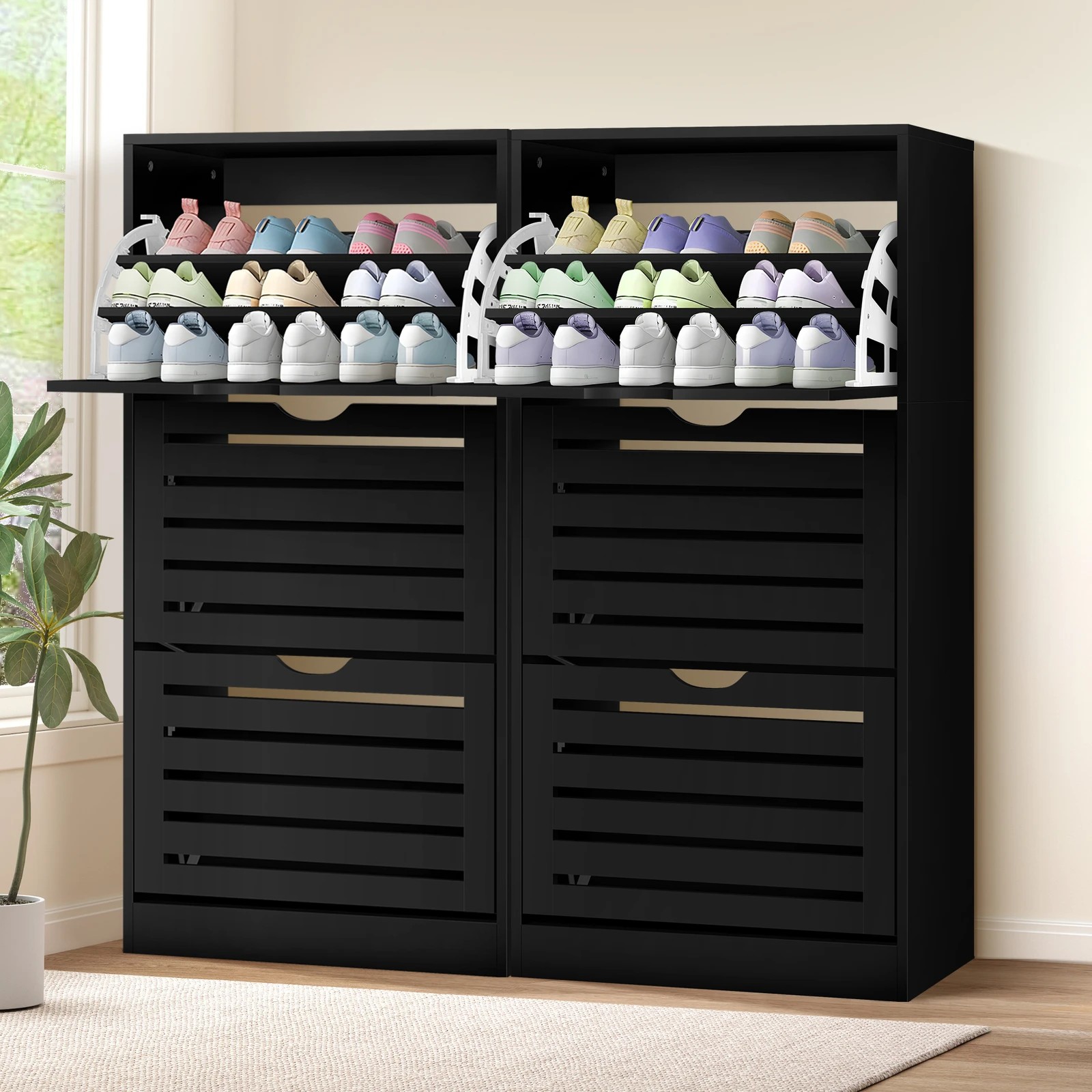 2 Alfordson 2x Shoe Cabinet Organiser Storage Rack Flip Drawers - Black, 2 of 10