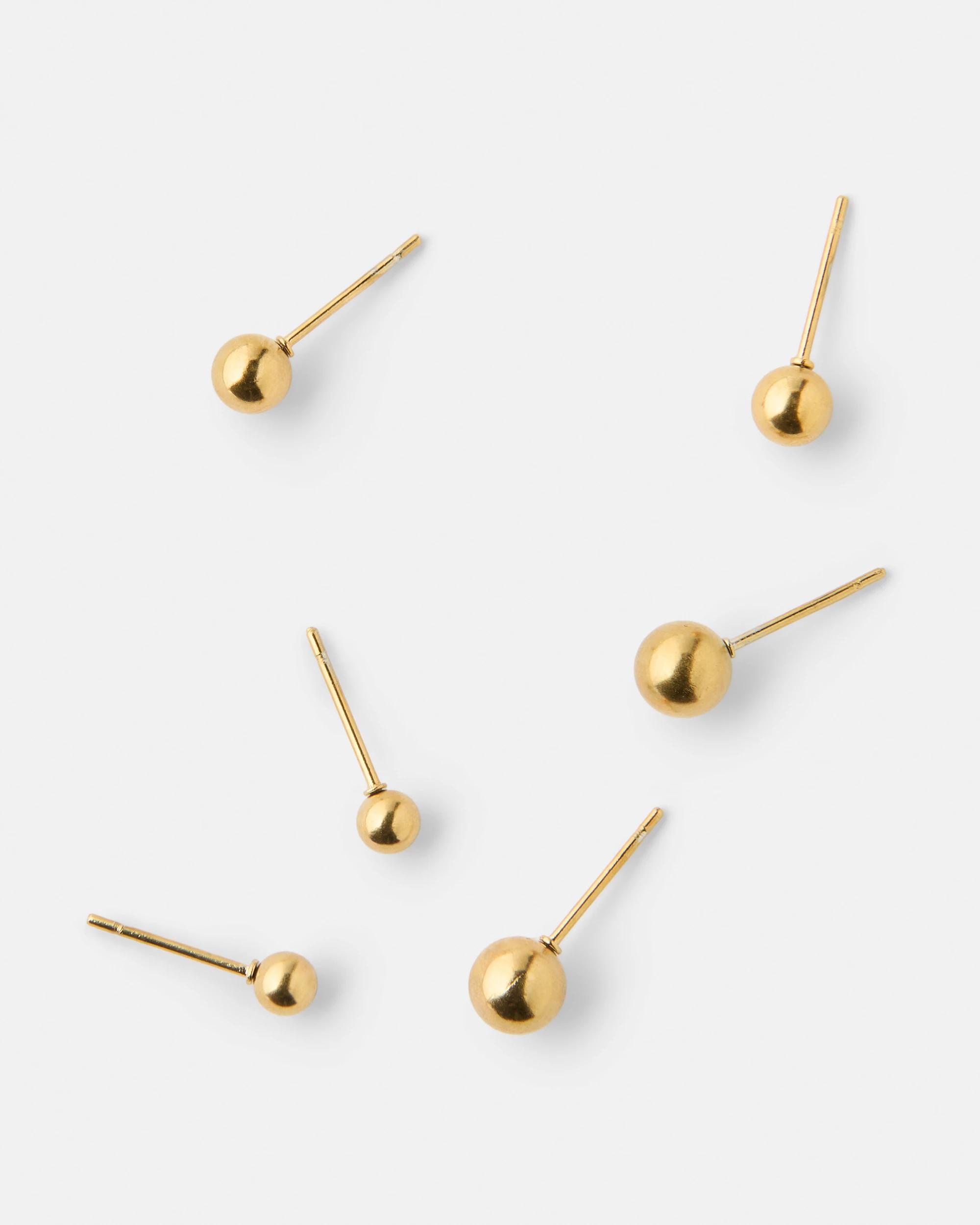 2 3 Pack Waterproof Stainless Steel Ball Stud Earrings - Gold Tone Gold, 2 of 3