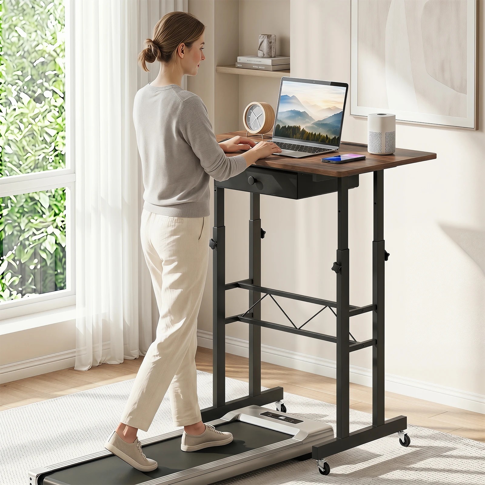 5 Costway Mobile Standing Desk Adjustable Sit Stand Laptop Desk w/Fabric Drawer - Brown, 5 of 6