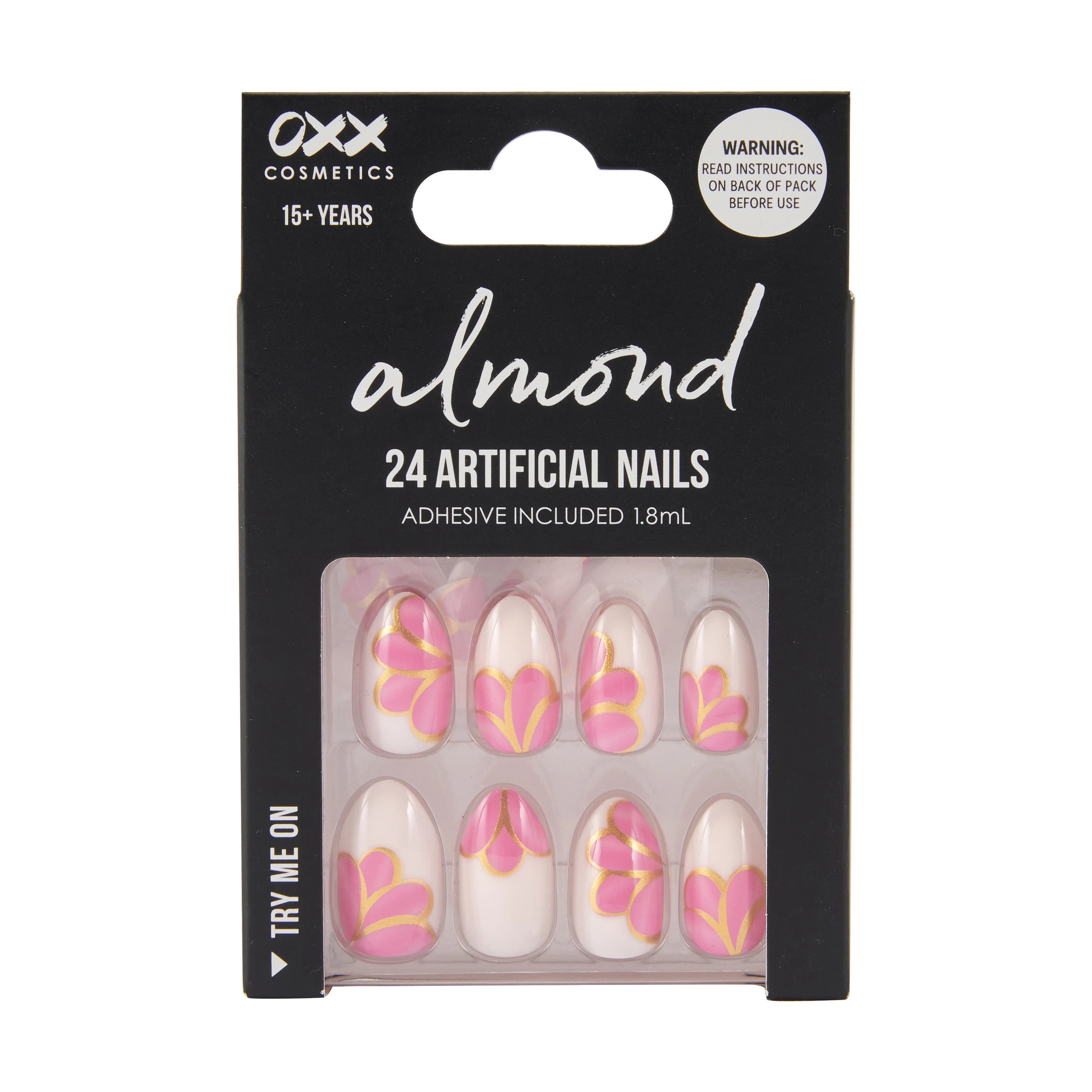 1 OXX Cosmetics 24 Pack Artificial Nails with Adhesive - Almond Shape, Gold Detail, 1 of 4