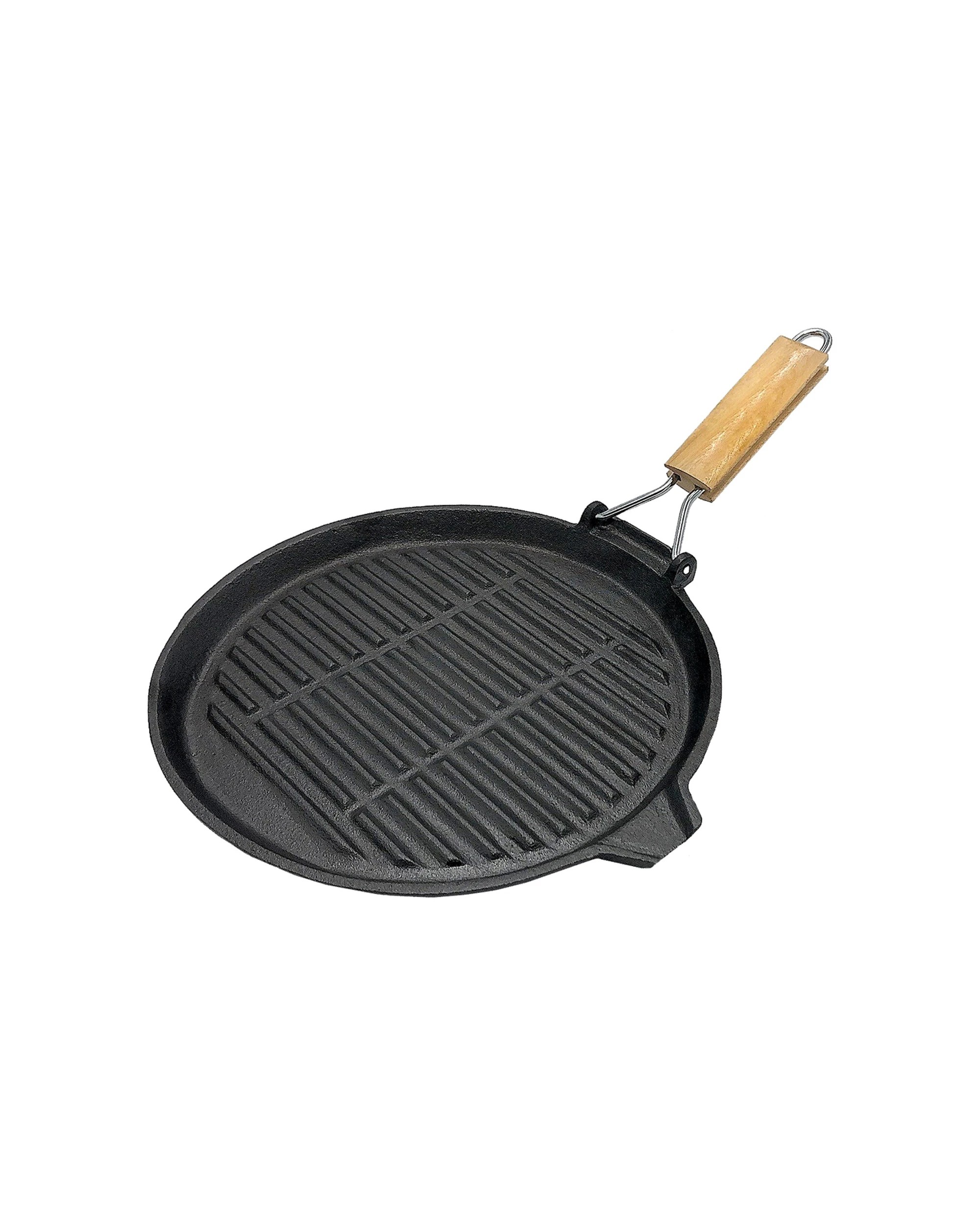 1 Wildtrak Round Grill Pan Folding Wooden Handle Cast Iron Pour Spout - Black, 1 of 3