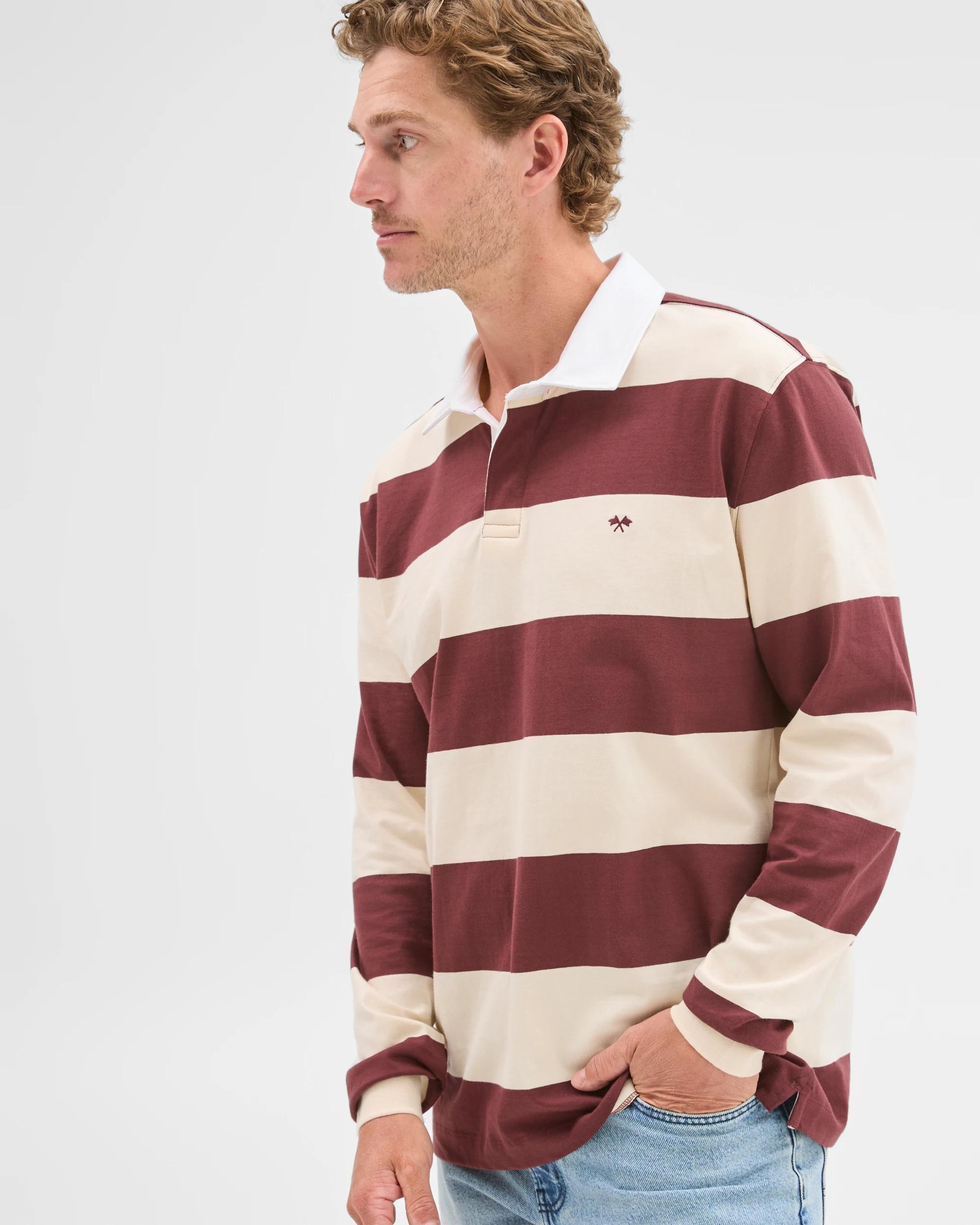 1 Target Man Australian Cotton Long Sleeve Rugby Polo Top STONE STRIPE, 1 of 8