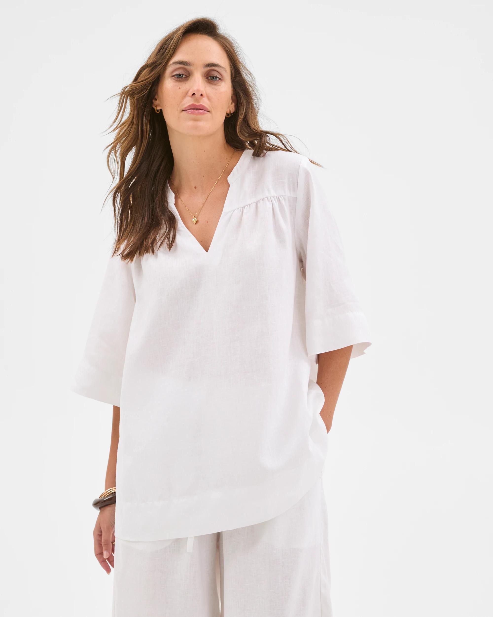 3 Target Woman European Linen Short Sleeve V-Front Tunic Top WHITE, 3 of 6