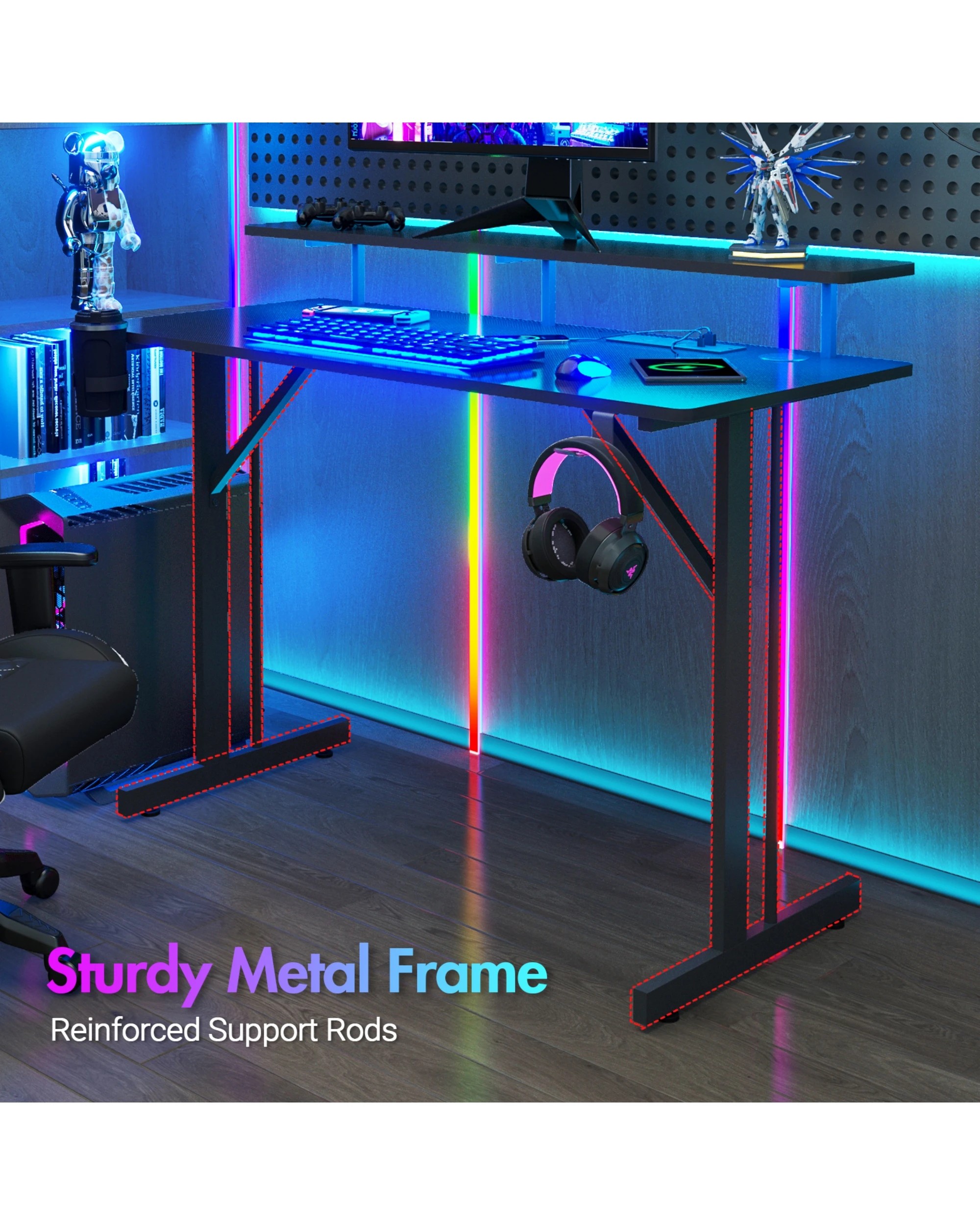 8 Advwin Gaming Desk With Led Lights & Power Outlets 100cm Computer Desk With Monitor Stand, 8 of 9