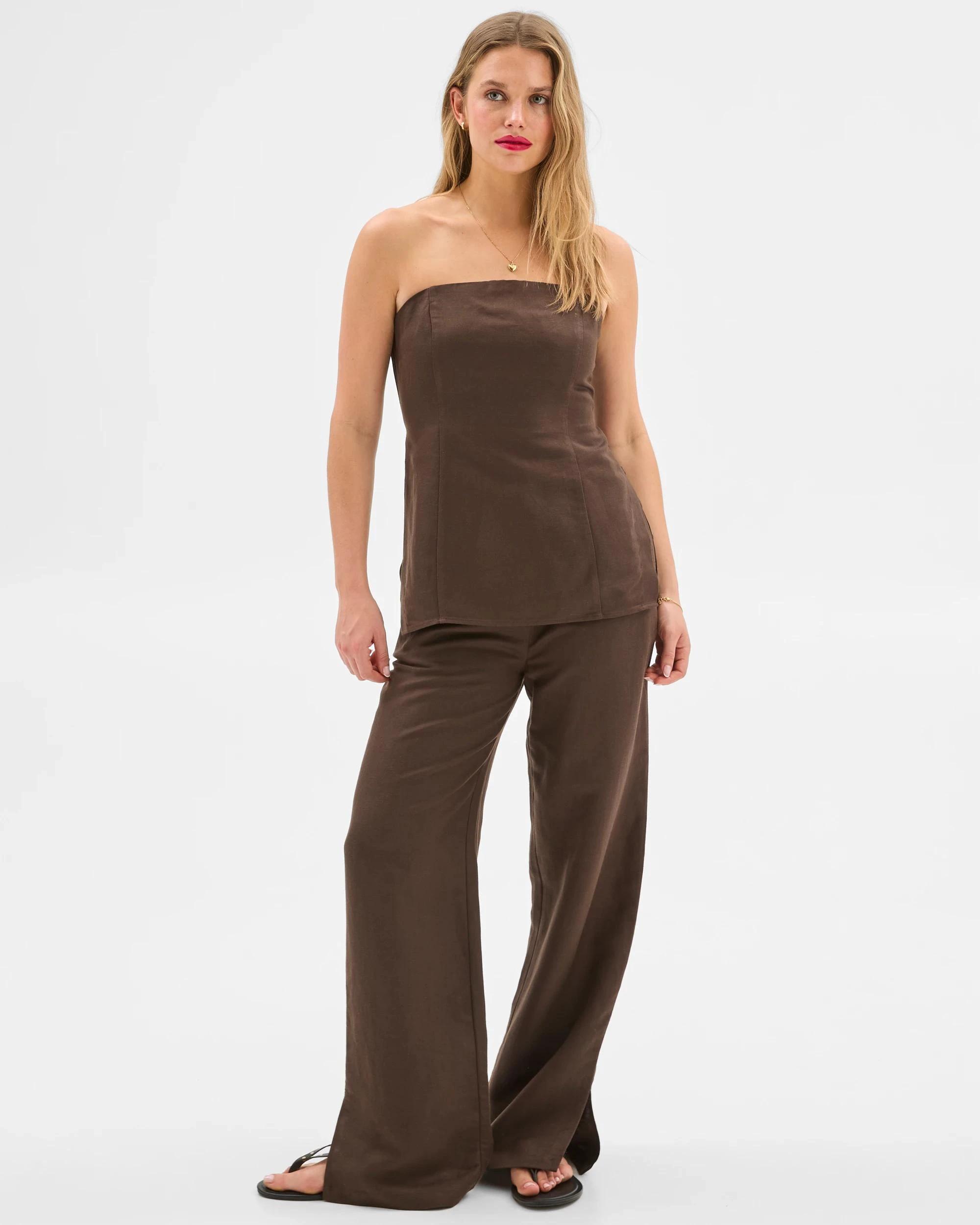 7 European Linen Blend Tie Detail Pants - Lily Loves DEEP BROWN, 7 of 10