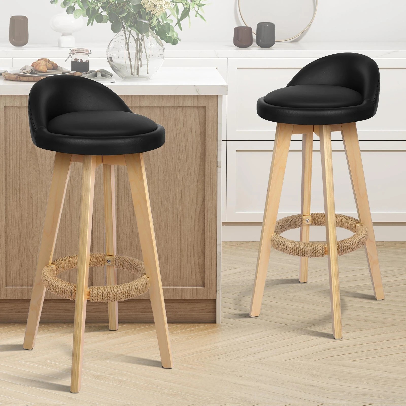 8 Alfordson 2x Kitchen Bar Stools Liam Wooden Swivel Bar Stool Chairs - Black, 8 of 9