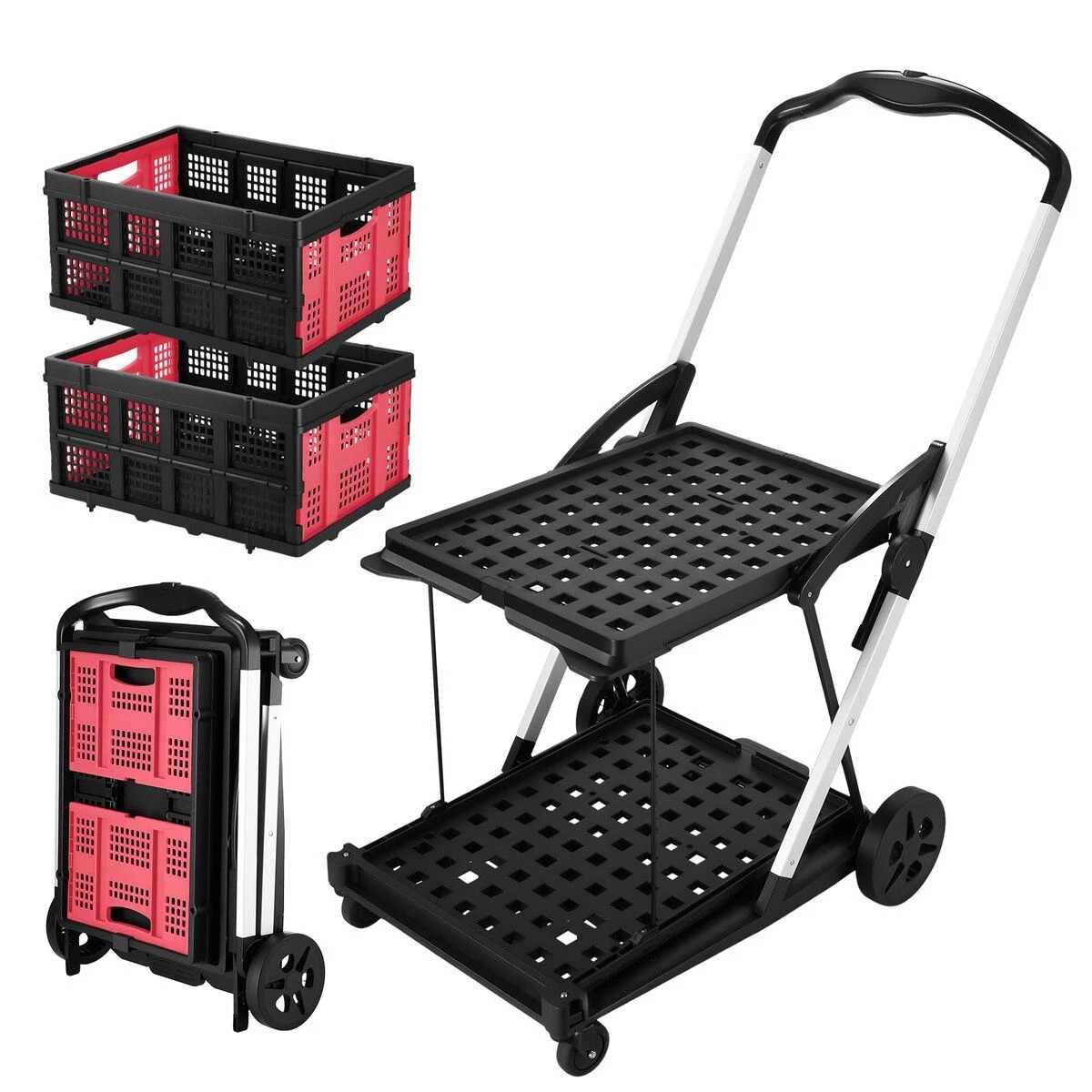 5 AUSWAY Folding Shopping Cart Trolley Hand Truck 2 Baskets Utility Luggage, 5 of 5