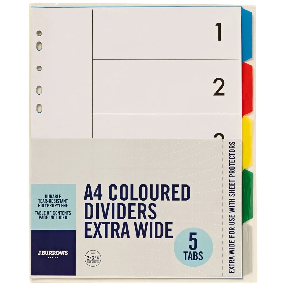 1 J.Burrows A4 5 Tab Dividers Polypropylene Extra Wide, 1 of 3