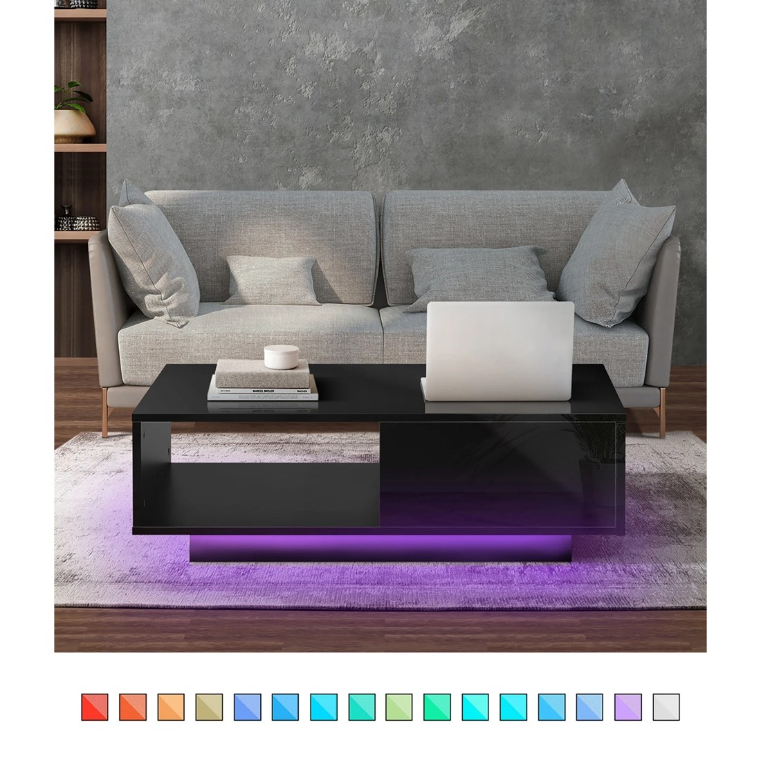 3 Oikiture Coffee Table Led Light High Gloss Storage Drawer Modern
 - Black, 3 of 10