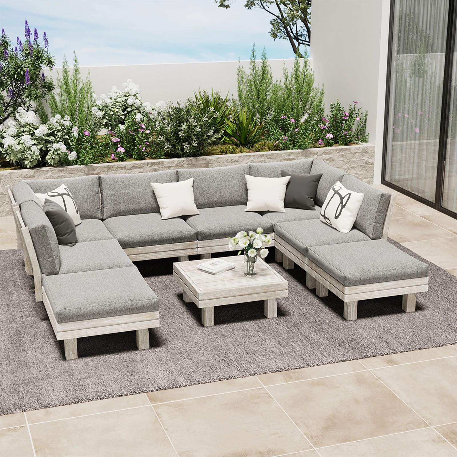 4 Livsip 9PCS Outdoor Sofa Set Wooden Lounge Setting Table Chair - Beige, 4 of 9