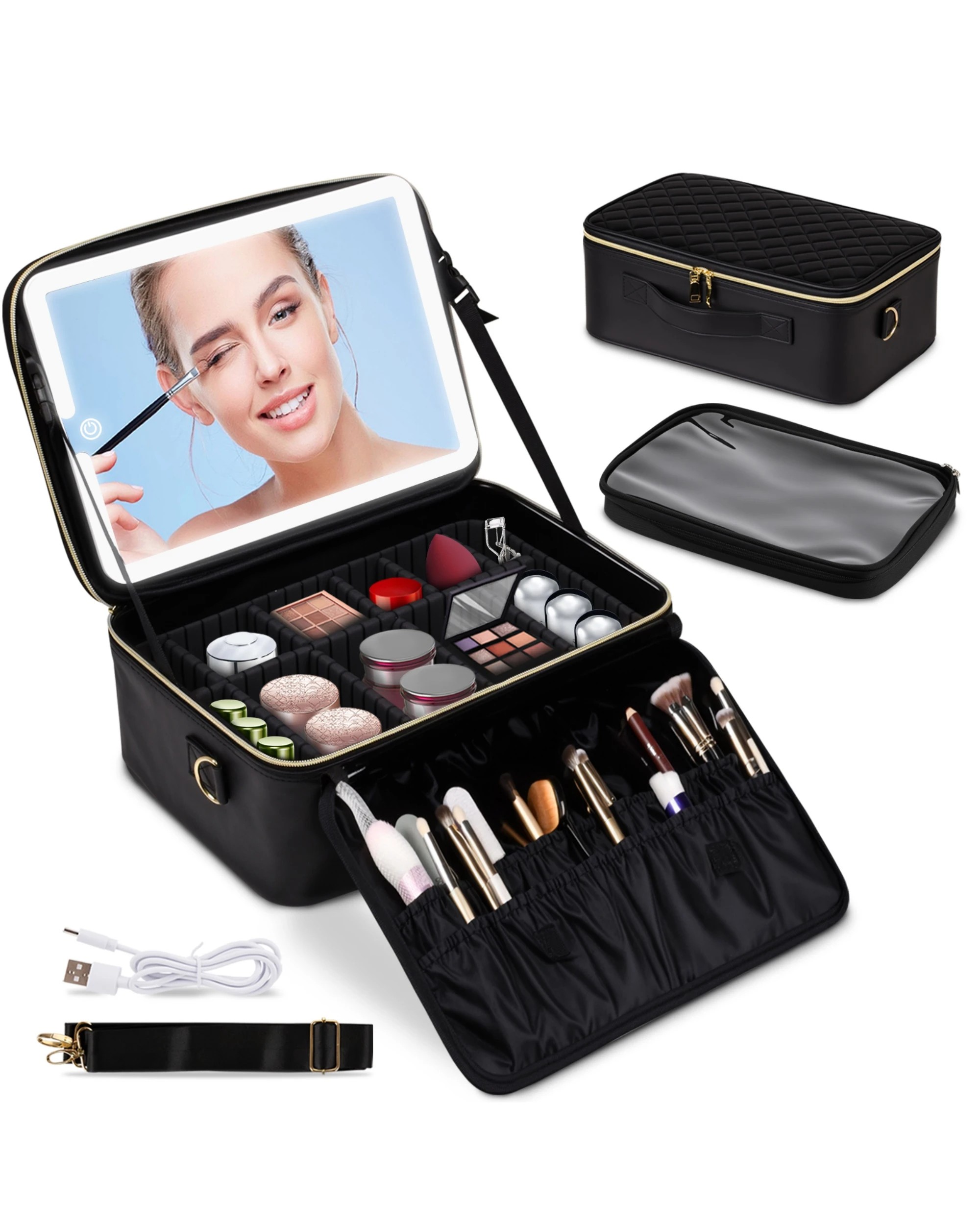 1 Advwin Travel Makeup Bag with LED Mirror -Black, 1 of 8