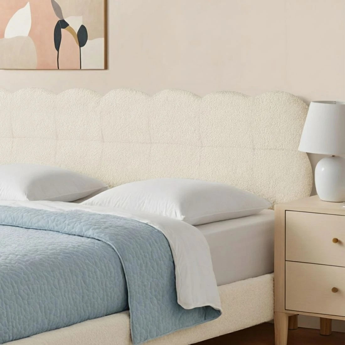 5 Artiss Double Bed Frame Cloud Headboard Boucle Fabric Mattress Platform Base - White, 5 of 7