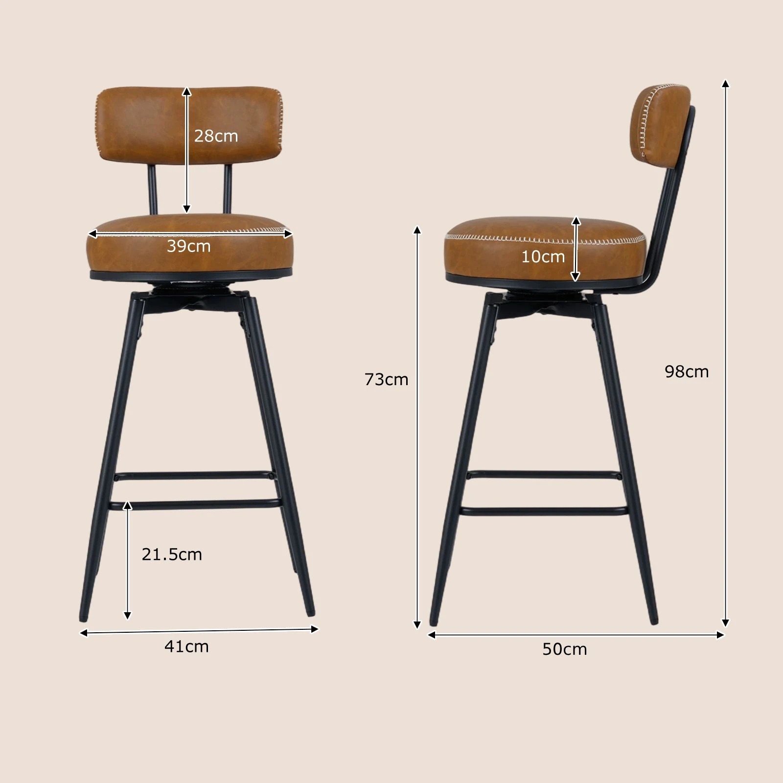4 Costway 2x Swivel Bar Stools Modern Counter Height Chairs Kitchen Faux Leather Upholstered Barstools, 4 of 4