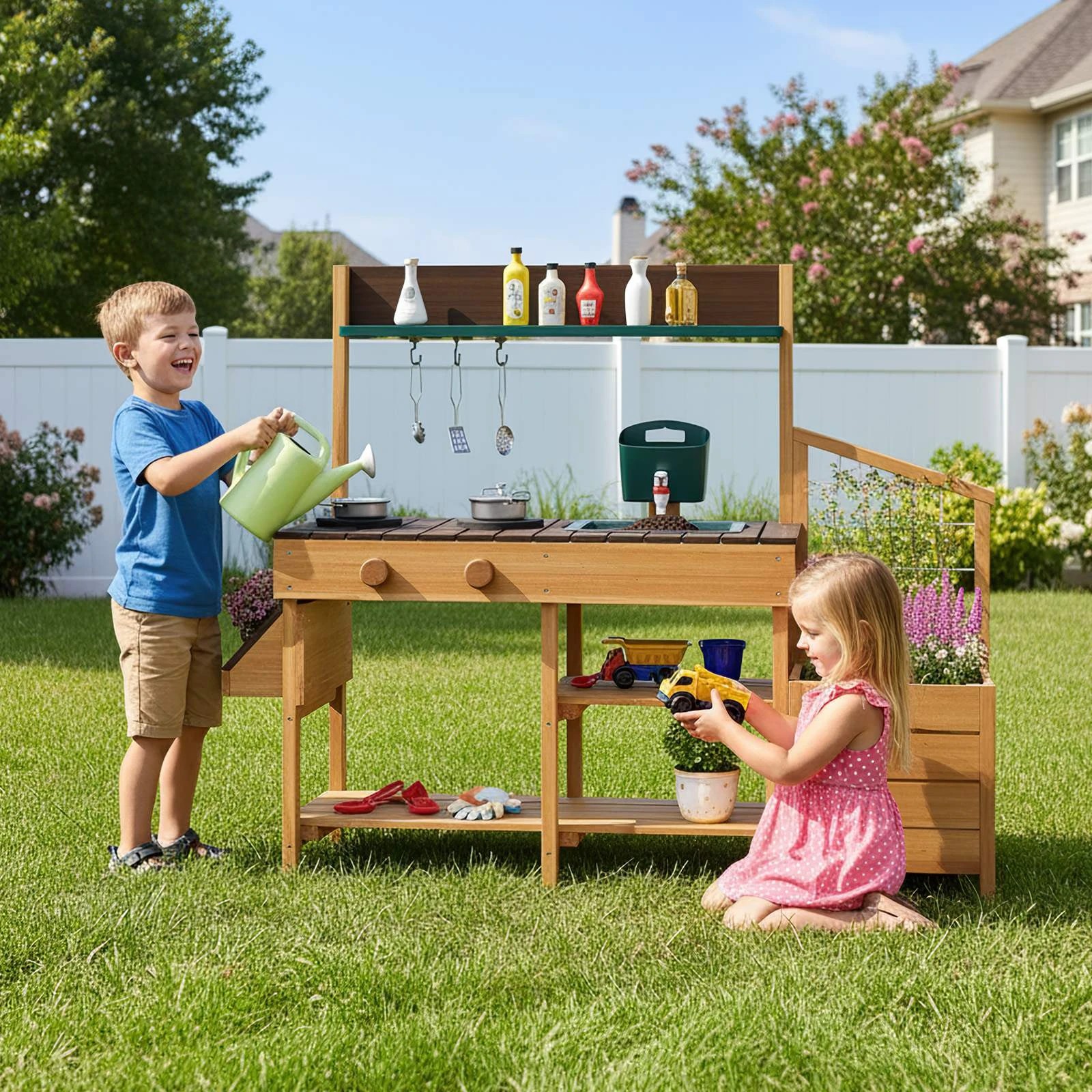 3 Costway Wood Mud Kitchen Playset w/Planter Box Trellis Sink & Stoves, 3 of 3