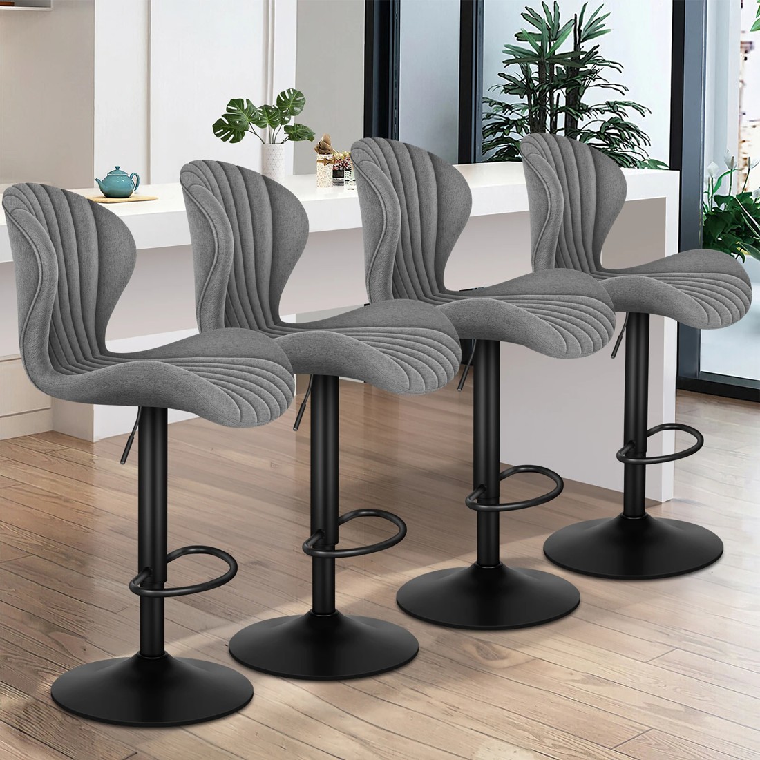 10 Alfordson 4x Bar Stools Gas Lift Fabric Bar Chairs Kitchen Swivel - Grey, 10 of 10