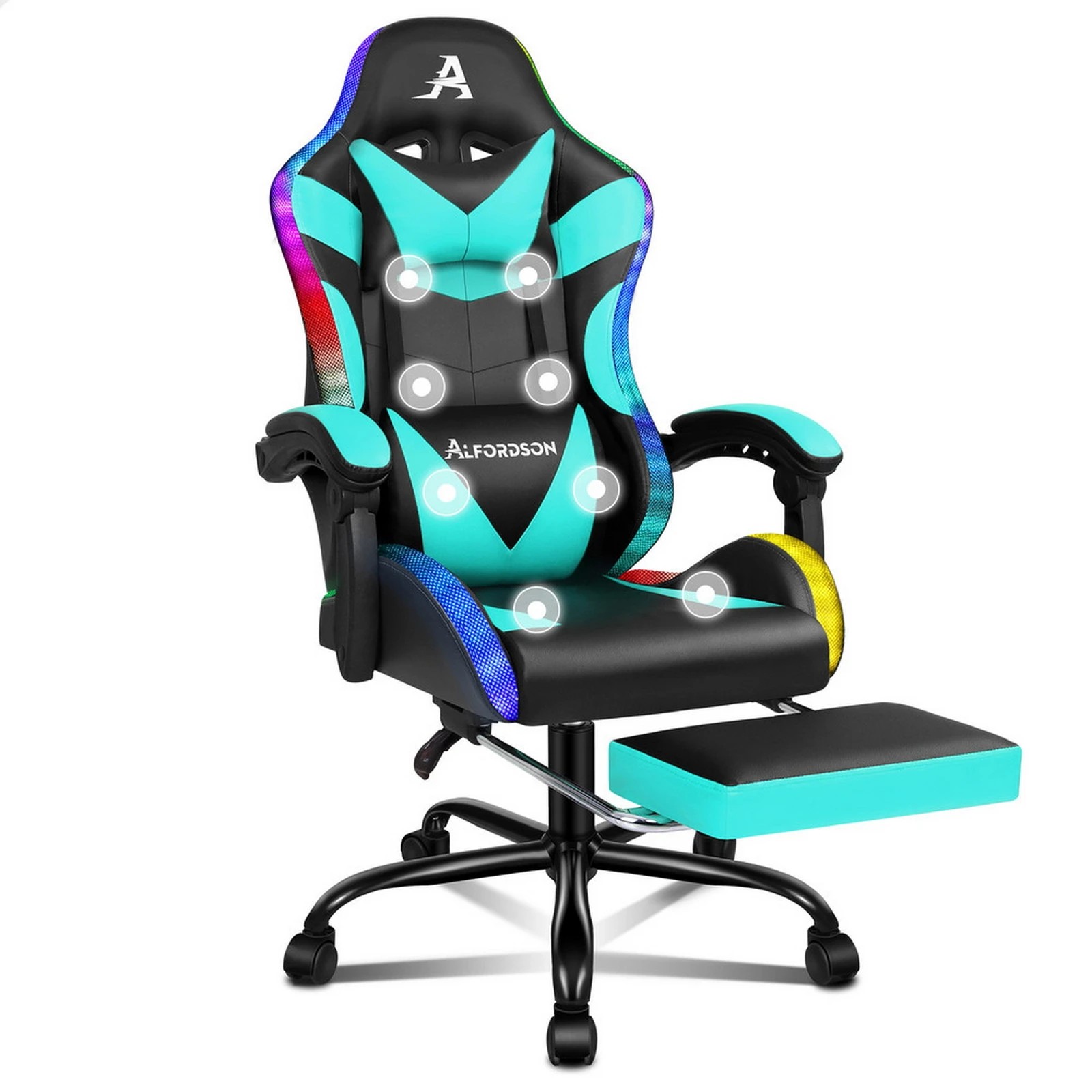 1 Alfordson Gaming Chair Office Massage 12 RGB LED Computer Seat PU Leather - Cyan, 1 of 10