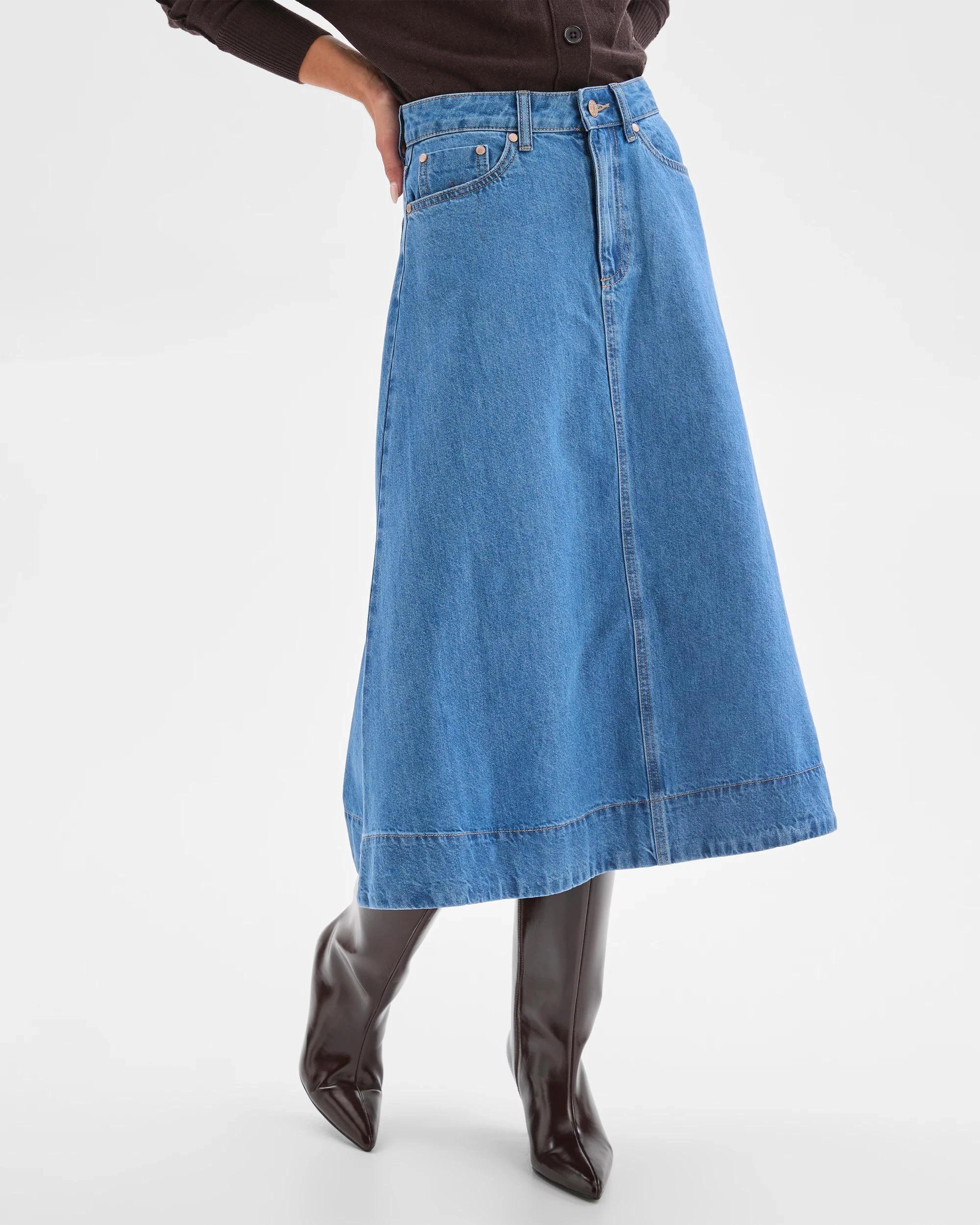 5 Target Petites Petites A-Line Midi Denim Skirt MID WASH, 5 of 8