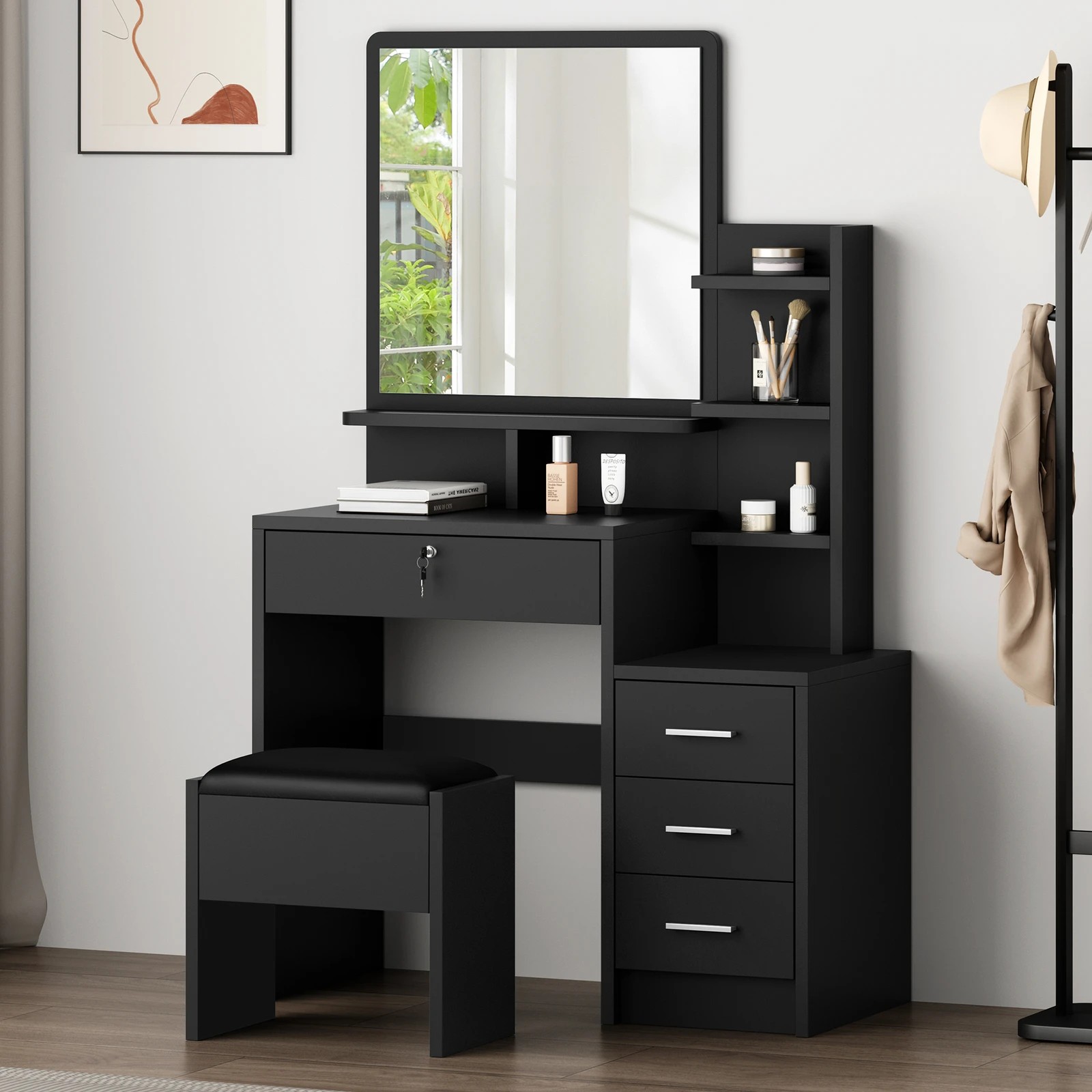 1 Alfordson Dressing Table Stool Set Makeup Mirror Cabinet Vanity Desk - Black, 1 of 10