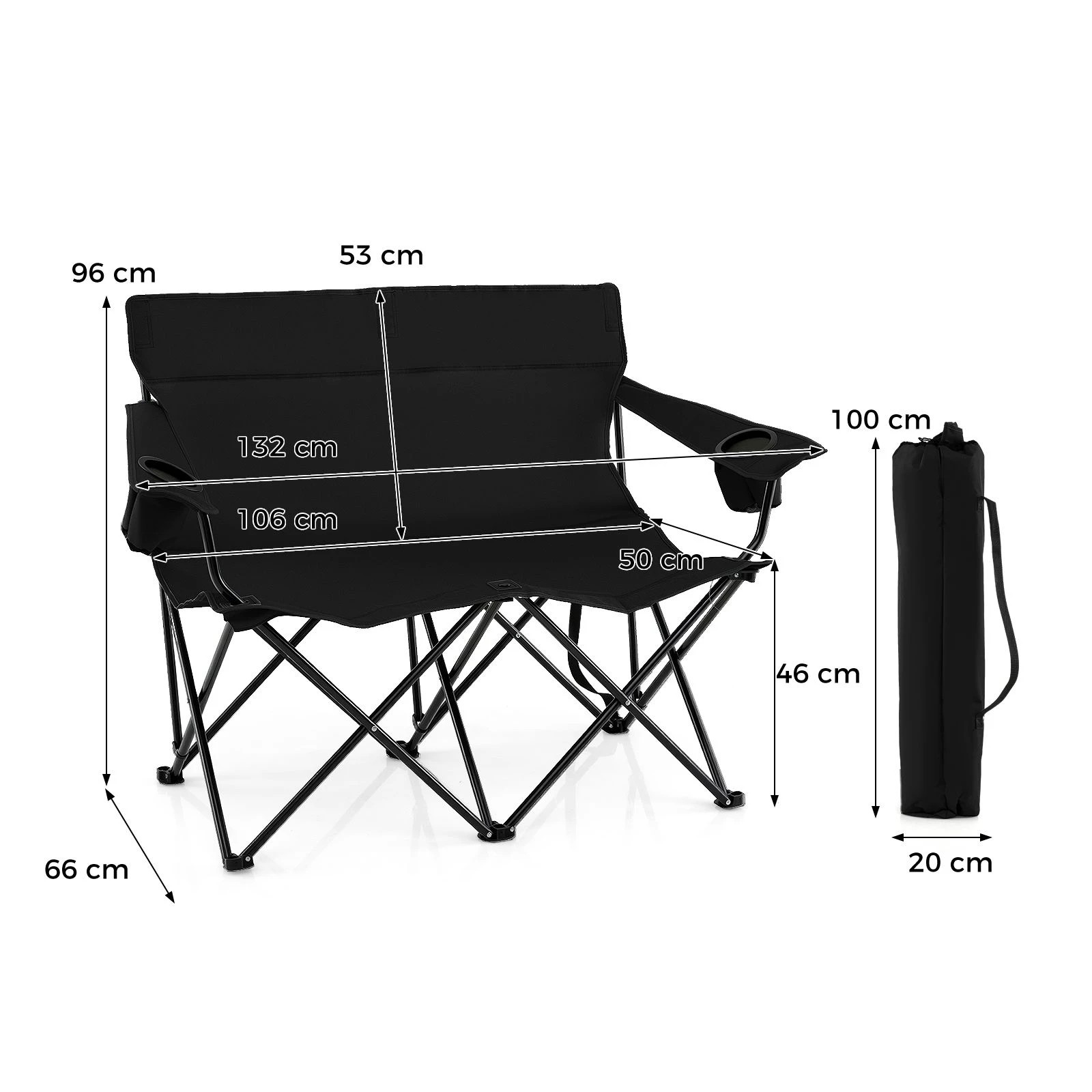 3 Costway Double Camping Chair 2-Person Portable Outdoor Folding Love Seat w/Cup Holders & Armrests - Black, 3 of 3