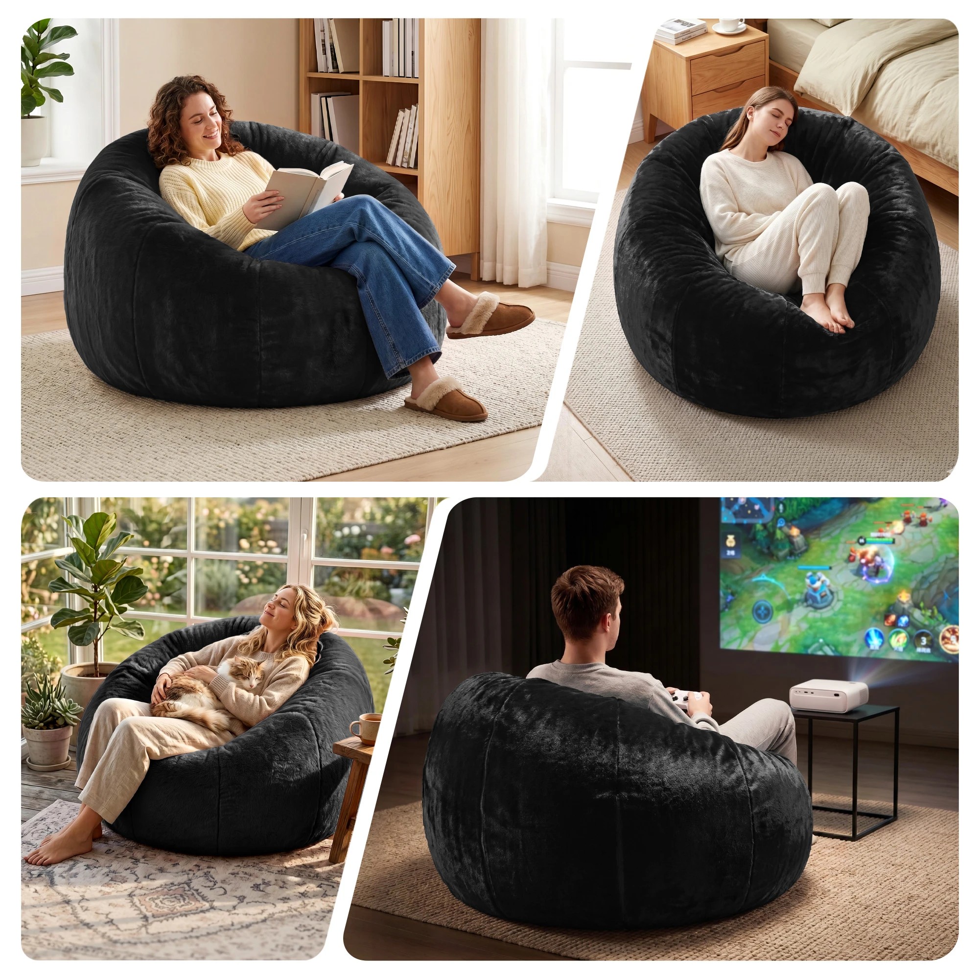 7 Artiss Bean Bag Chair Cover Faux Fur No Filler Washable Lazy Sofa Cover - Black, 7 of 9