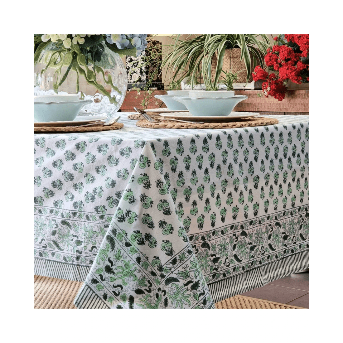 2 Kolka Rosemary Hand Block-Printed Cotton Tablecloth - Green, 2 of 6